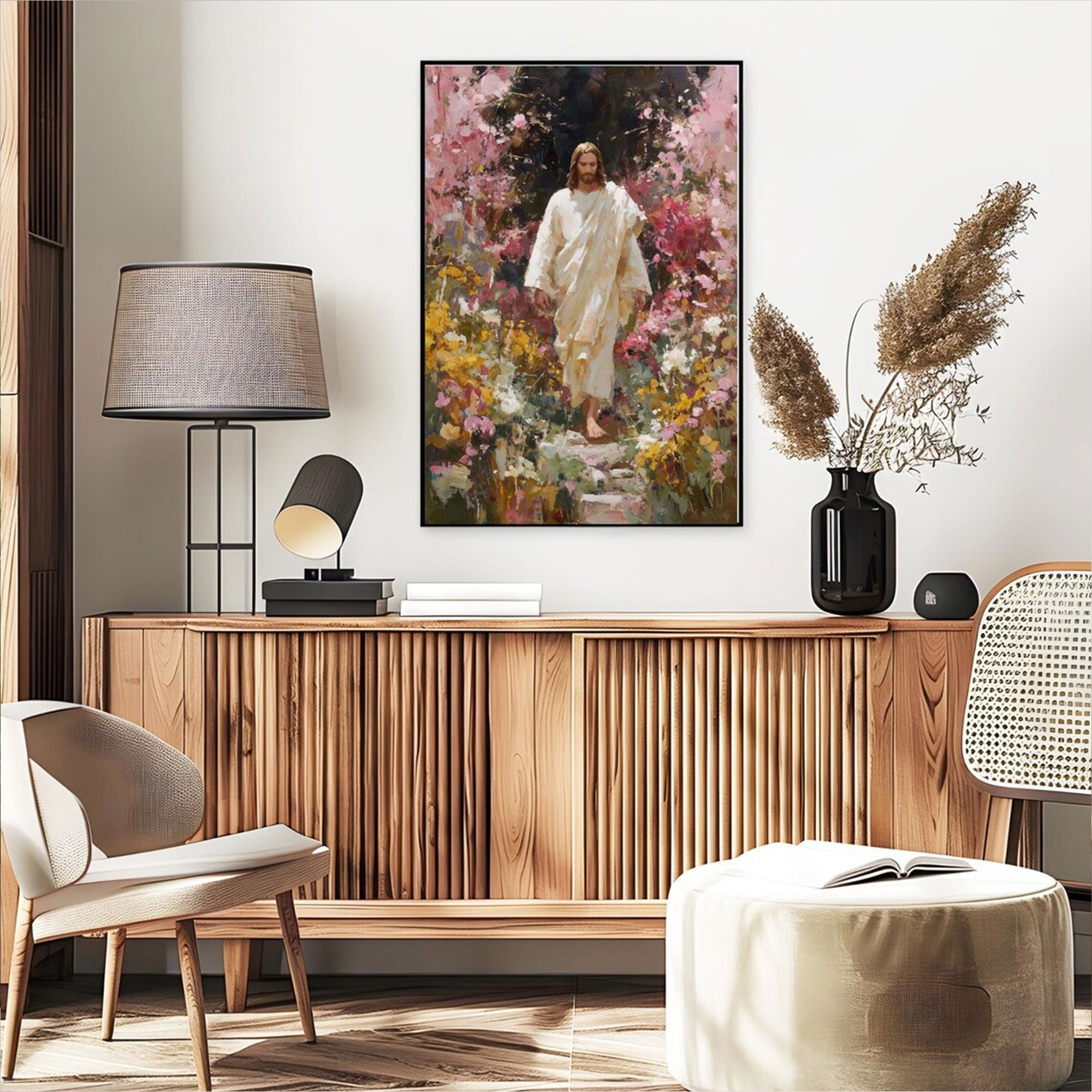 Jesus with Flowers Canvas Print, Christian Wall Art, Faith Based Religious Home Decor