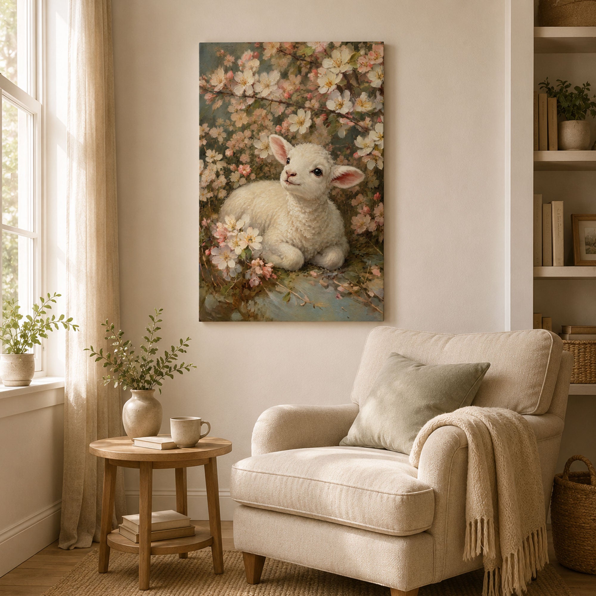 Lamb of God Canvas Print, Floral Christian Wall Art, Peaceful Faith Home Decor
