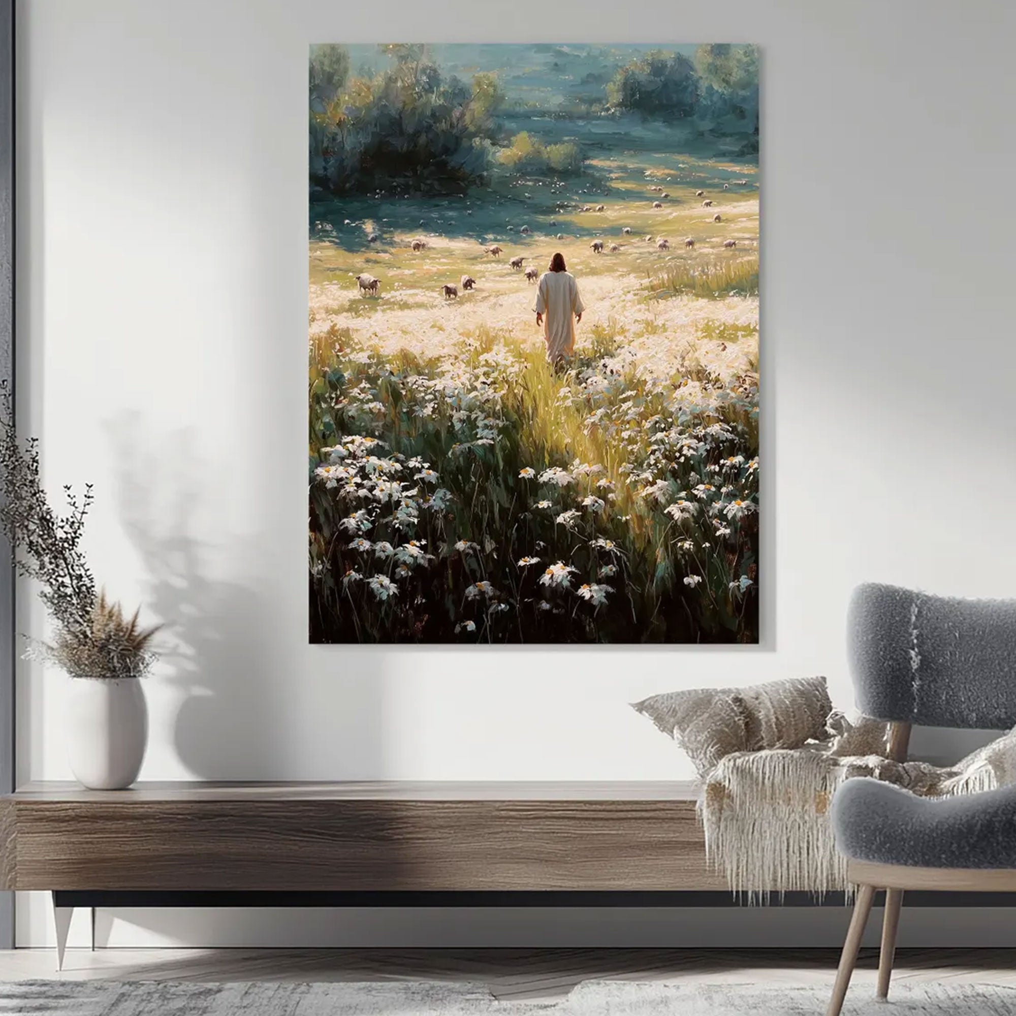 Good Shepherd Jesus Canvas Print, Jesus in Daisy Meadow Wall Art, Christian Faith Home Decor