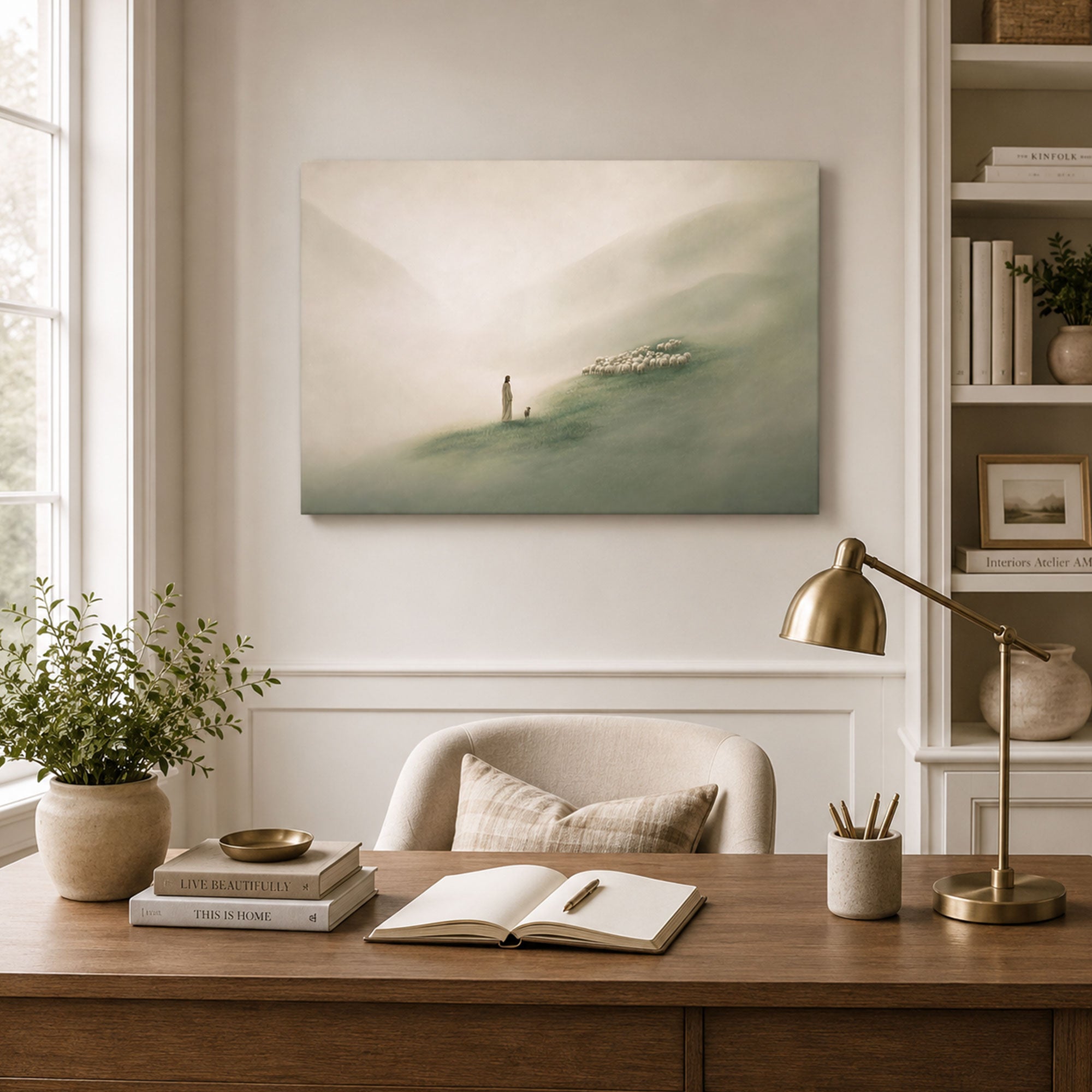 Jesus Reuniting the Lamb with the Flock Canvas Print, Misty Hills Christian Decor