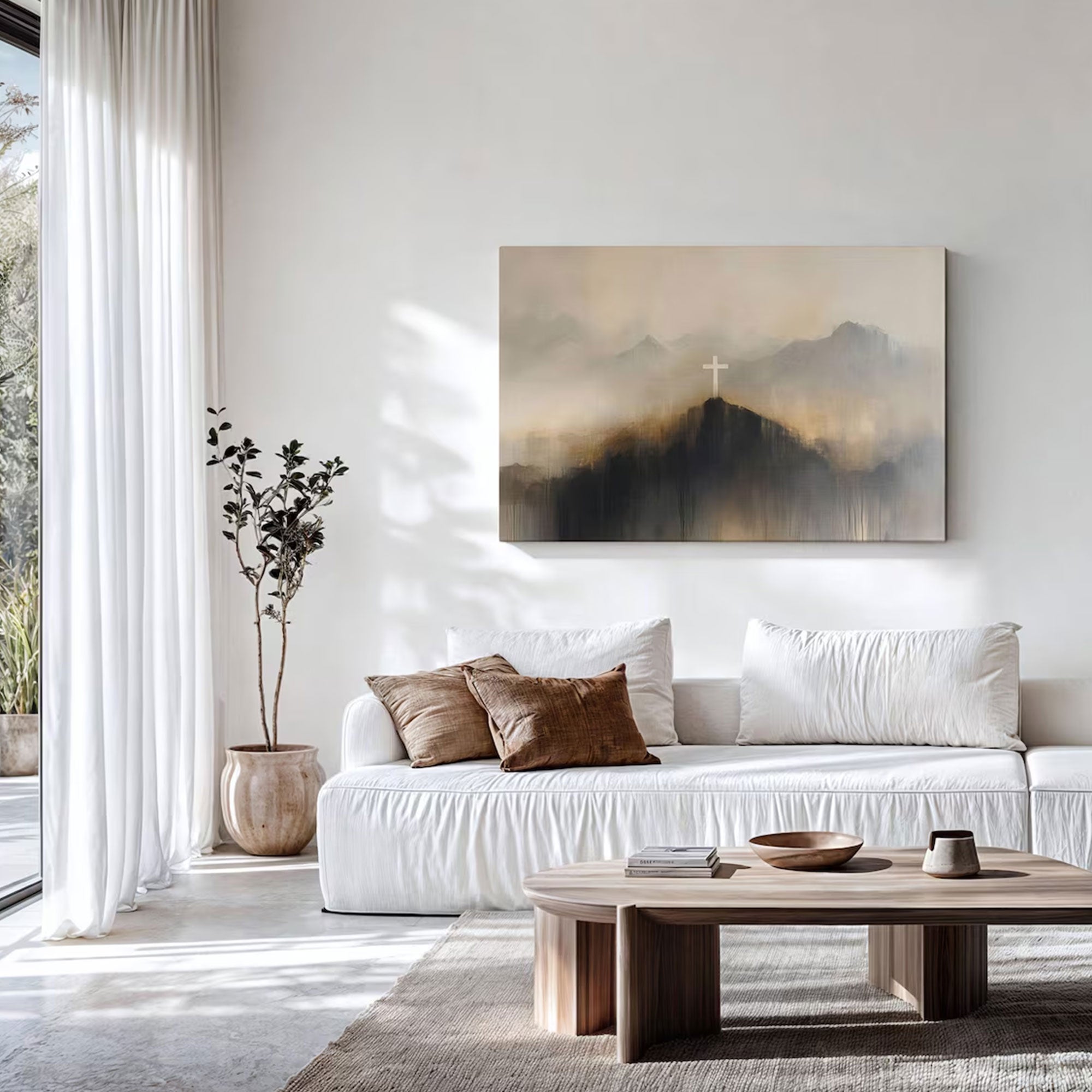 Christian Jesus Cross Canvas Print, Modern Scripture Wall Art, Religious Landscape Decor