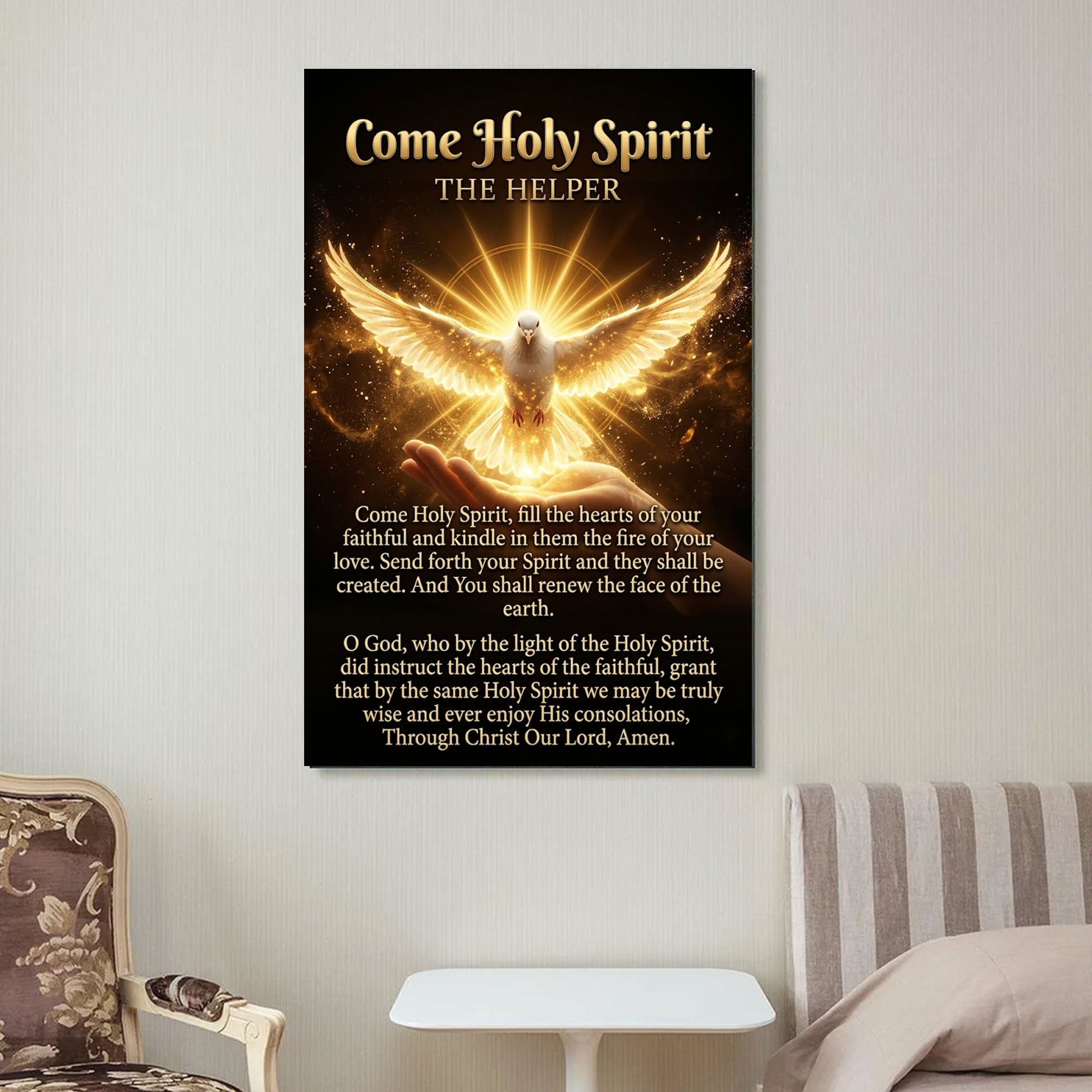 Come Holy Spirit Canvas Print, The Helper Prayer Wall Art, Catholic Holy Spirit Dove, Pentecost Fire Christian Decor, Inspirational Faith Gift