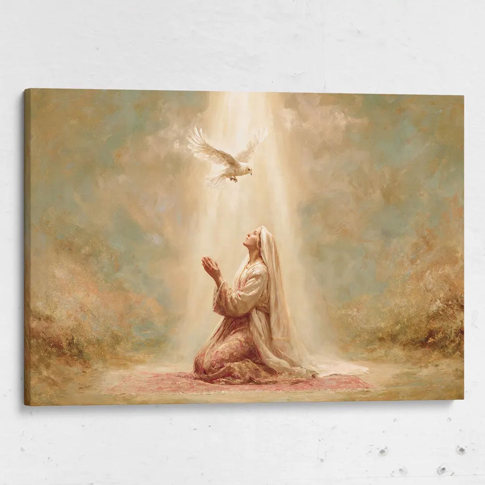 Virgin Mary Canvas Print, Praying Madonna and Dove Wall Art, Catholic Religious Decor, Holy Spirit Symbol Artwork, Inspirational Faith Gift