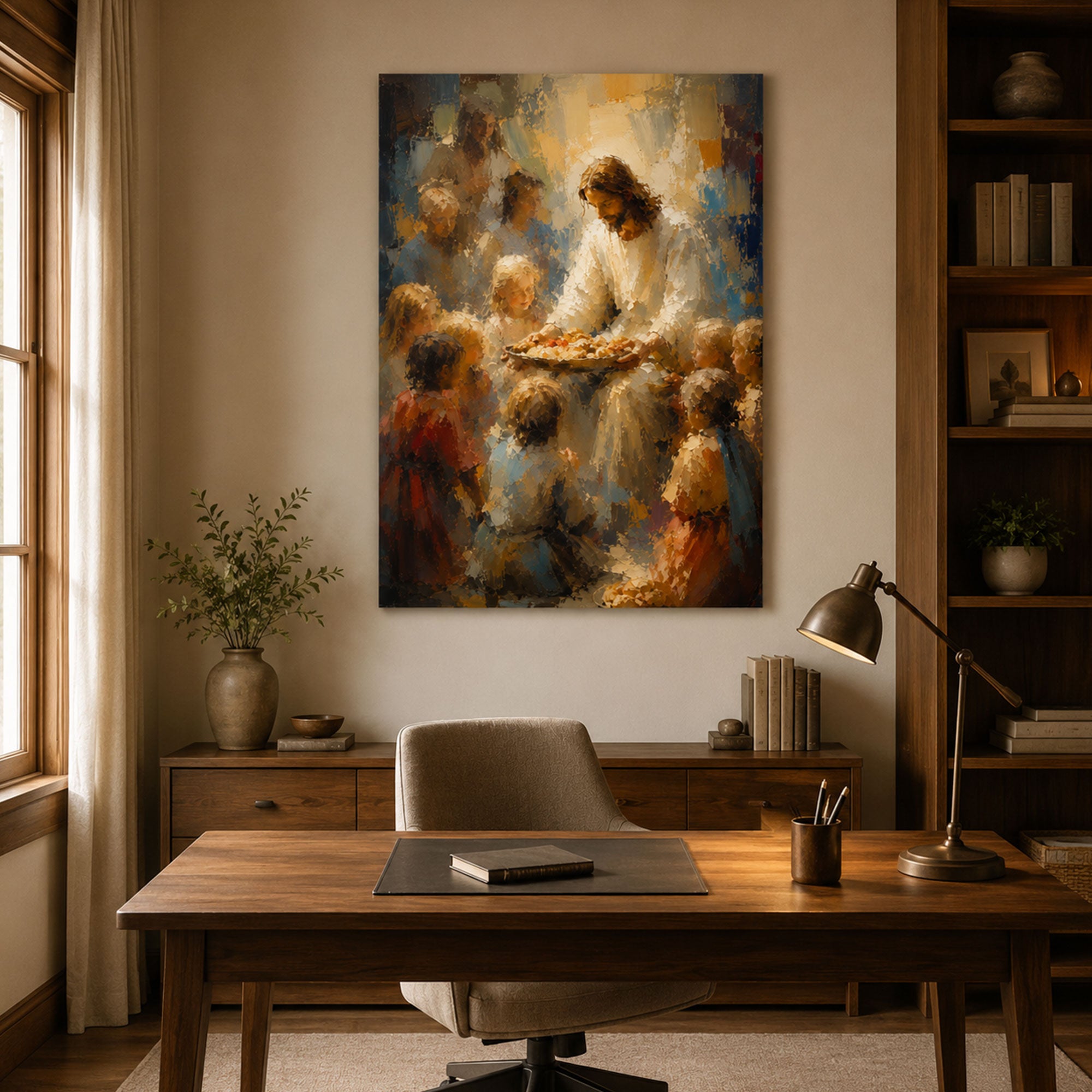 Jesus Sharing Bread with Children Canvas Print, Christian Wall Art, Bread of Life Faith Home Decor