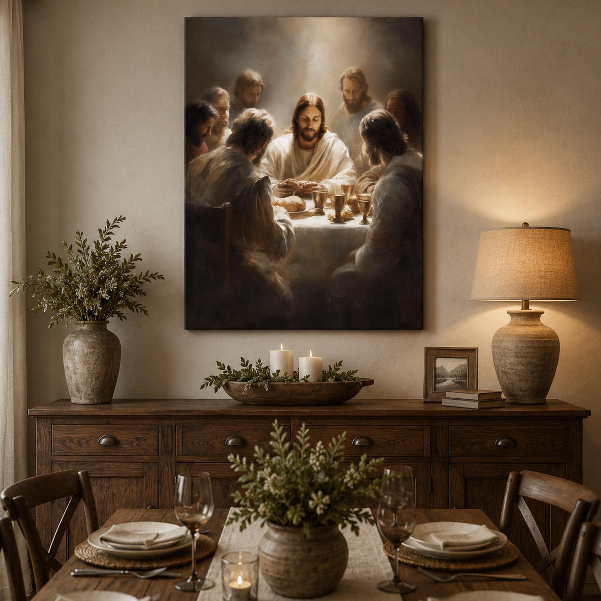 Last Supper Wall Art, Jesus Breaking Bread Canvas Print, Holy Communion Christian Faith Decor