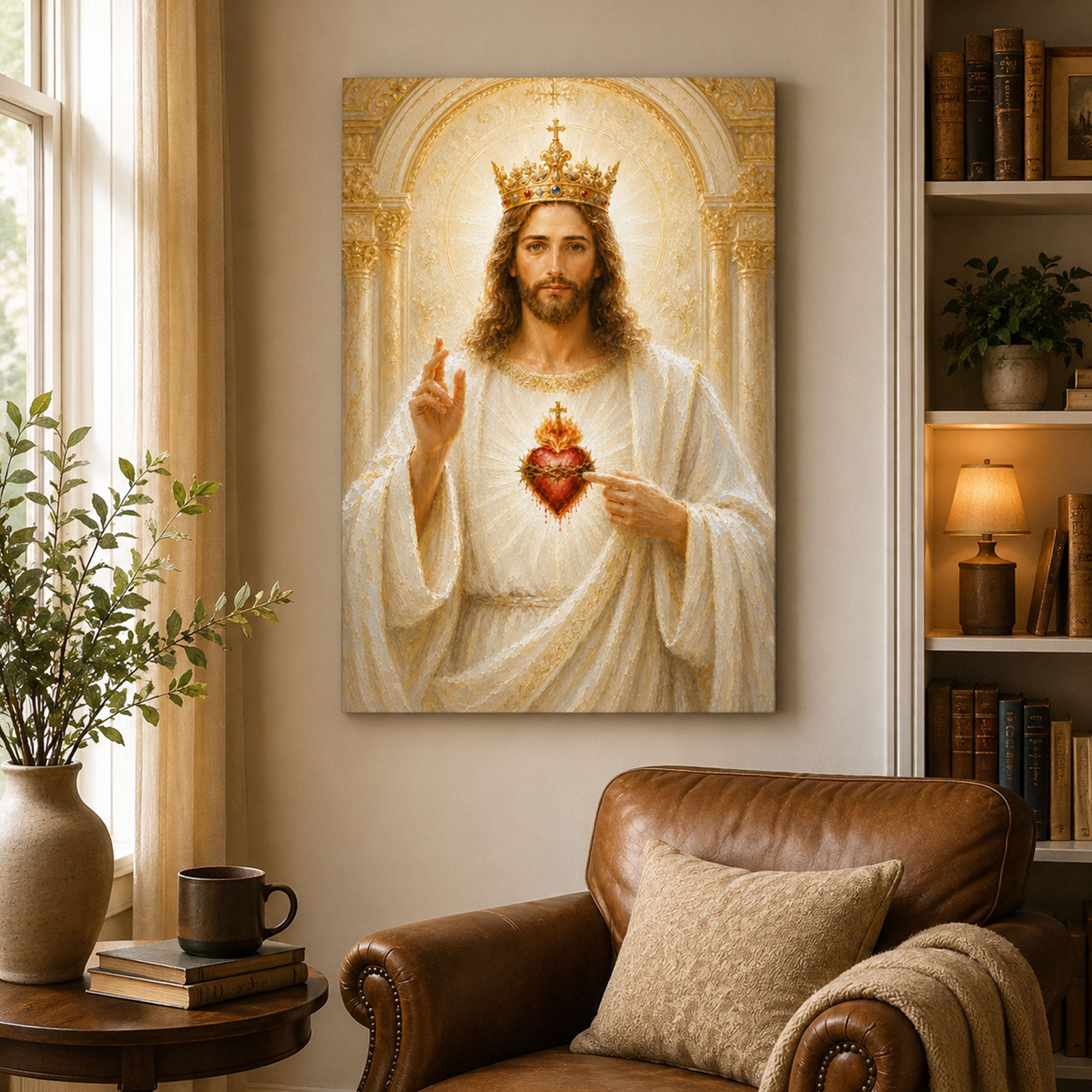 Christ the King Sacred Heart Canvas Print, Crowned Jesus Catholic Wall Art, Christian Home Decor