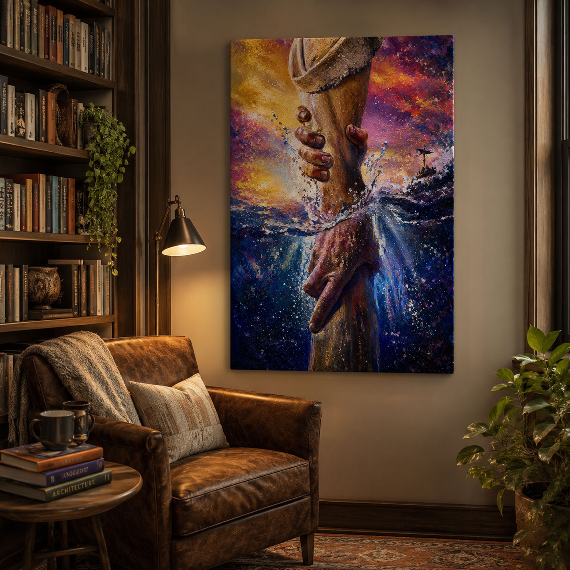 Jesus Saving Peter Canvas Print, Stormy Sea Christian Wall Art, Faith Over Fear Home Decor