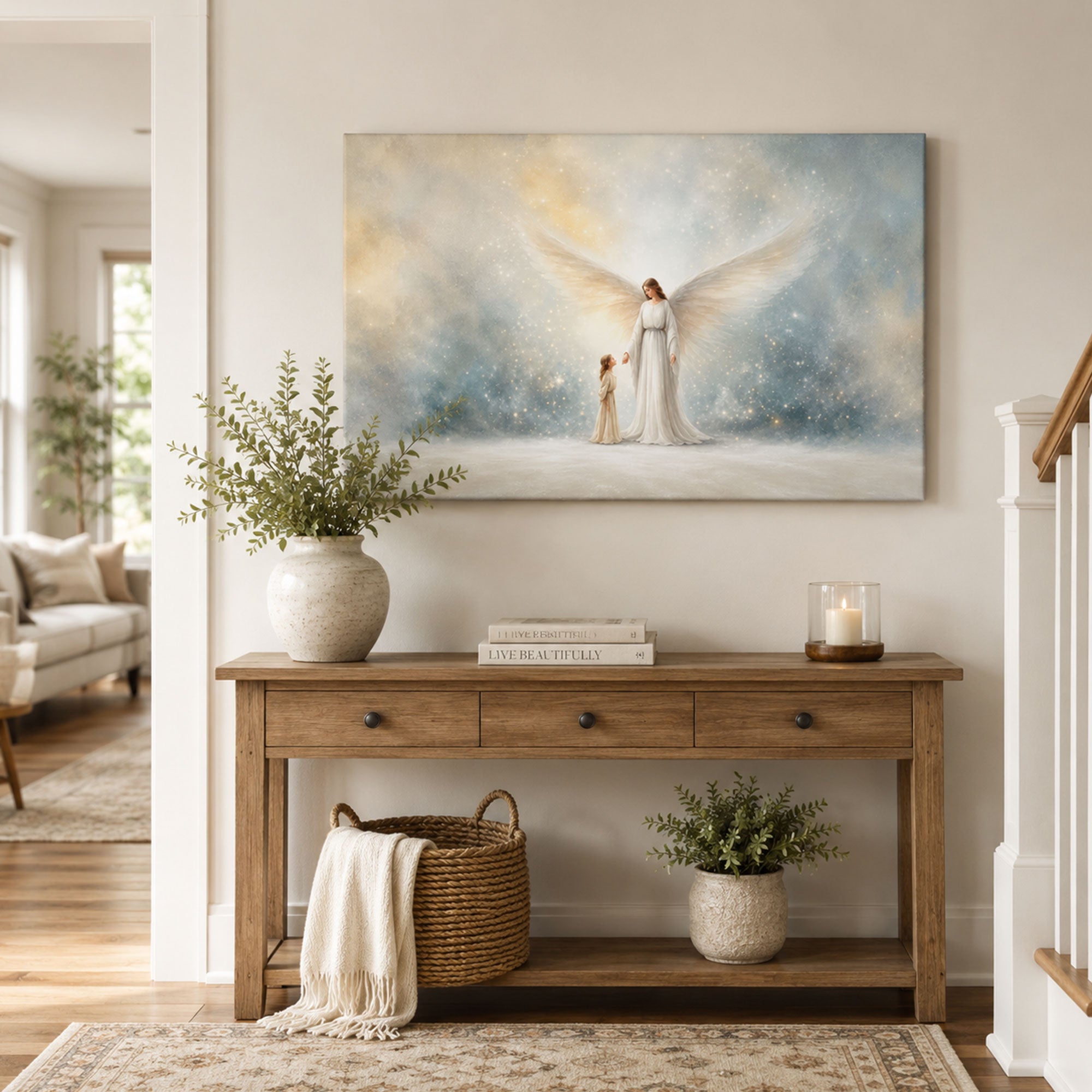 Guardian Angel with Child Panoramic Canvas Print, Christian Angel Wall Art, Faith Home Decor Gift