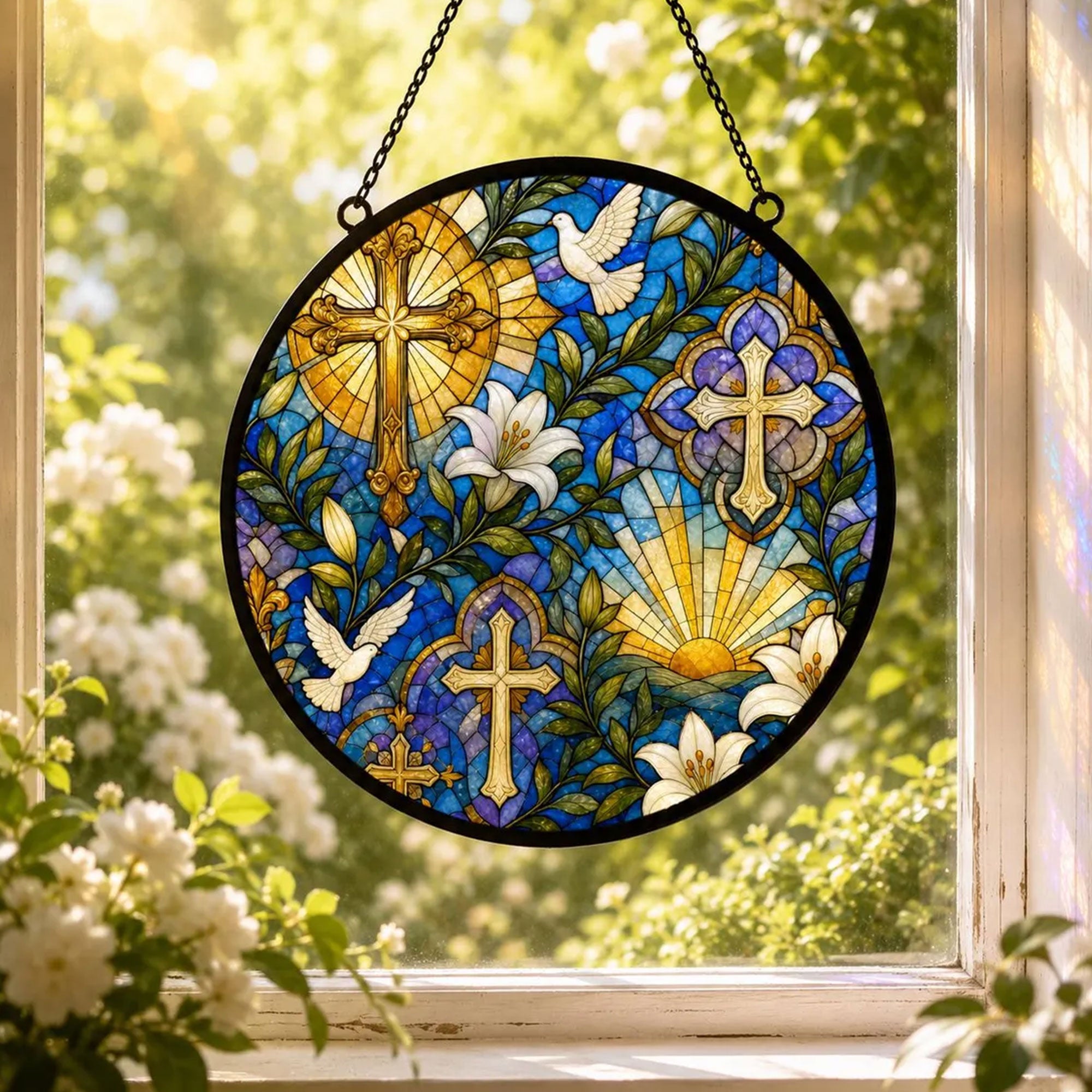 Christian Cross Stained Glass Suncatcher, Lily and Dove Window Hanging, Religious Gift for Mom