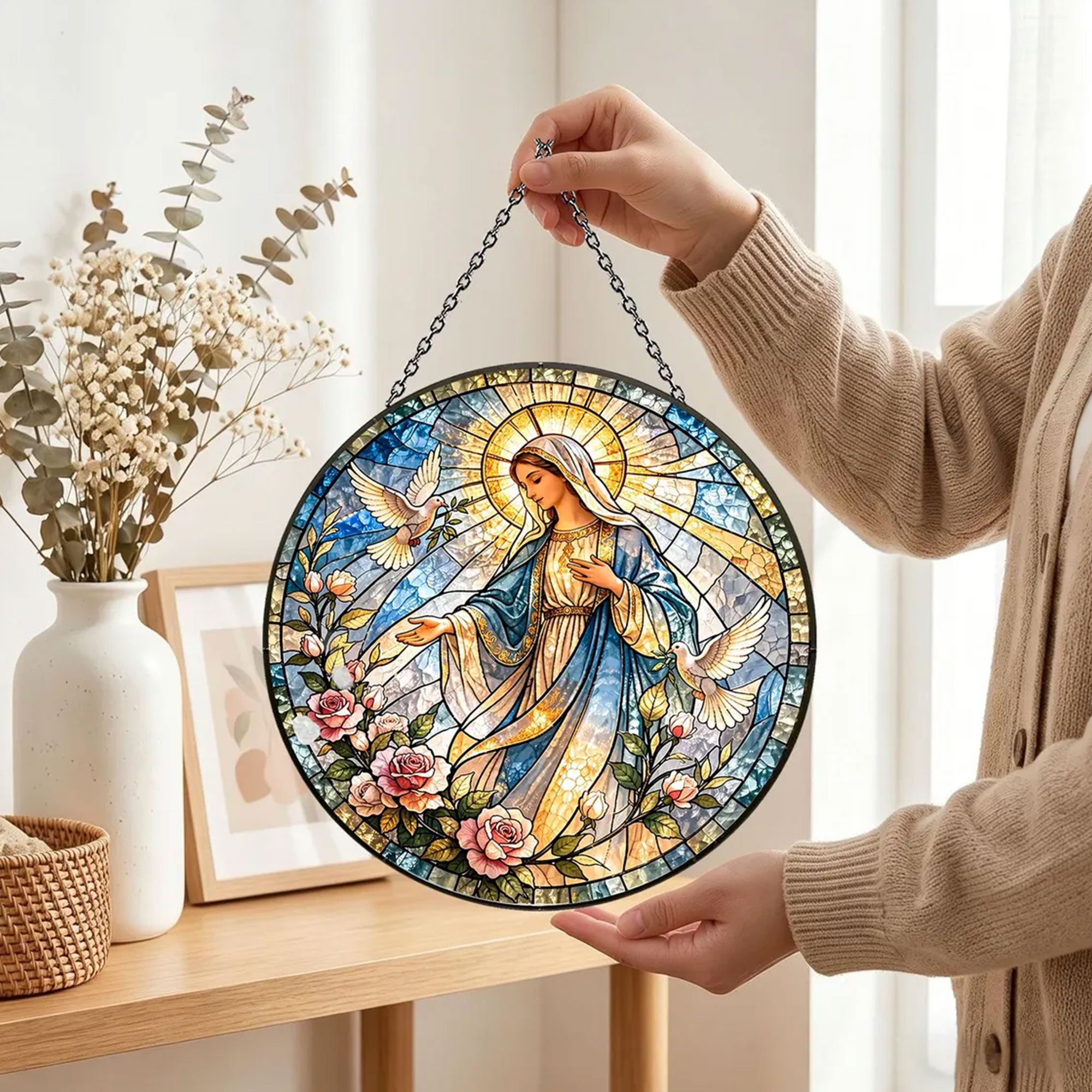 Virgin Mary with Doves and Roses Suncatcher, Catholic Window Hanging, Christian Religious
