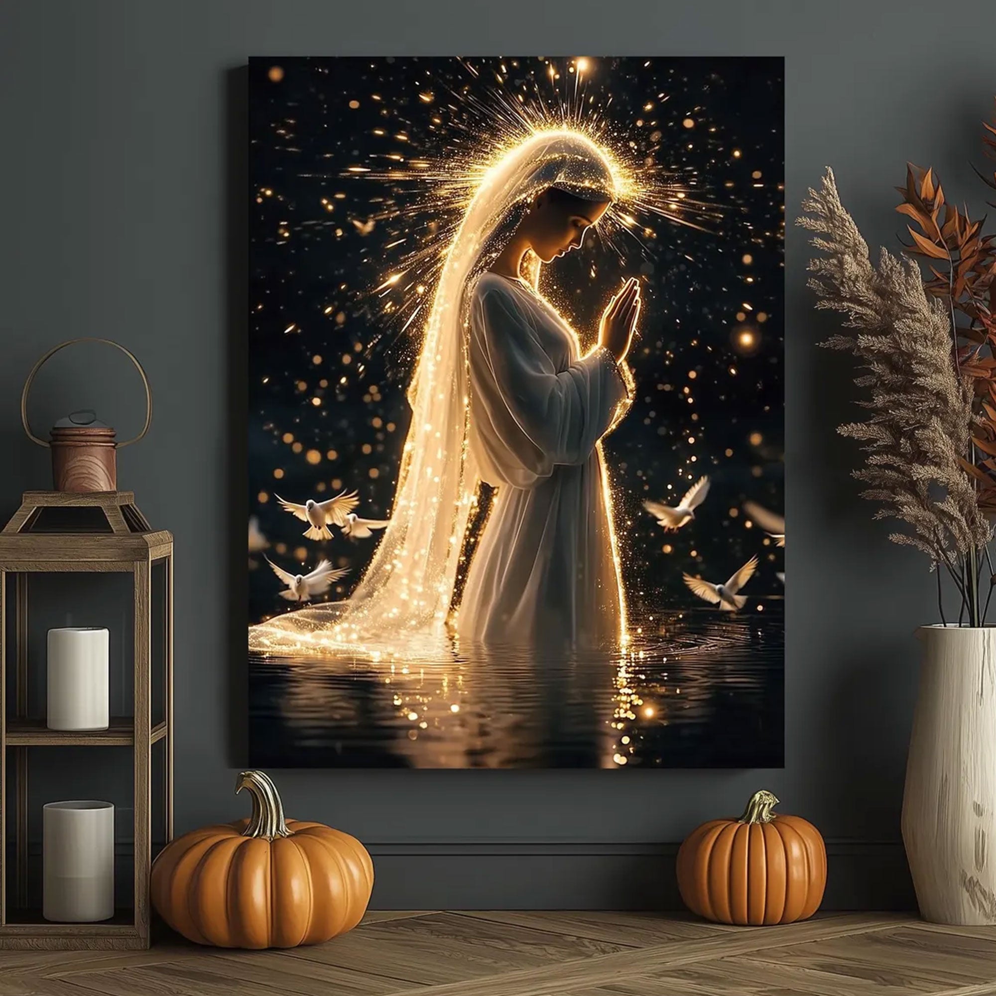 Holy Virgin Mary Canvas Art, Sacred Light Catholic Wall Decor, Blessed Mother Religious Artwork, Inspirational Faith Gift, Prayer Room Home Decor