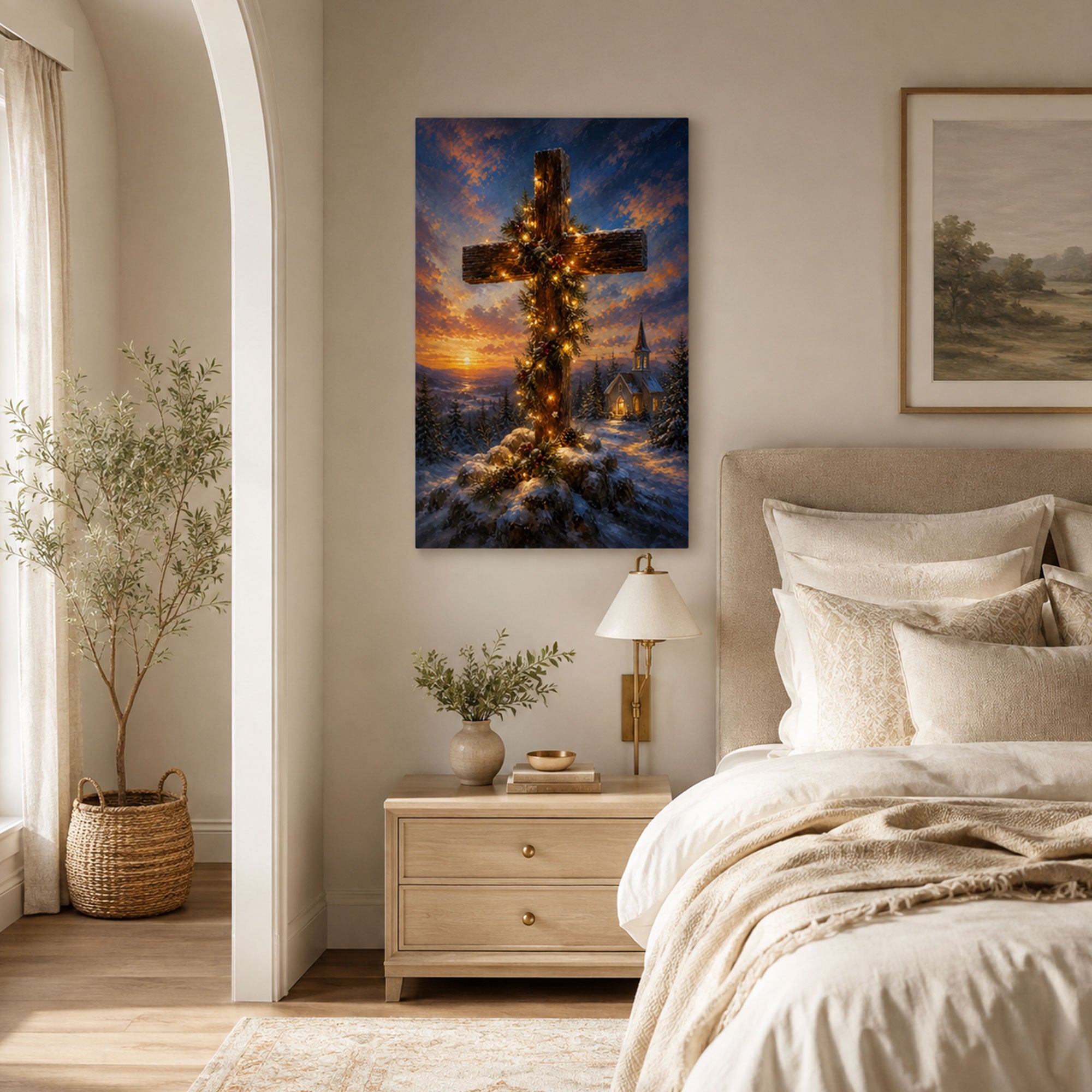 Christmas Cross Canvas Print, Light of Christ Christian Wall Decor, Religious Christmas Gift