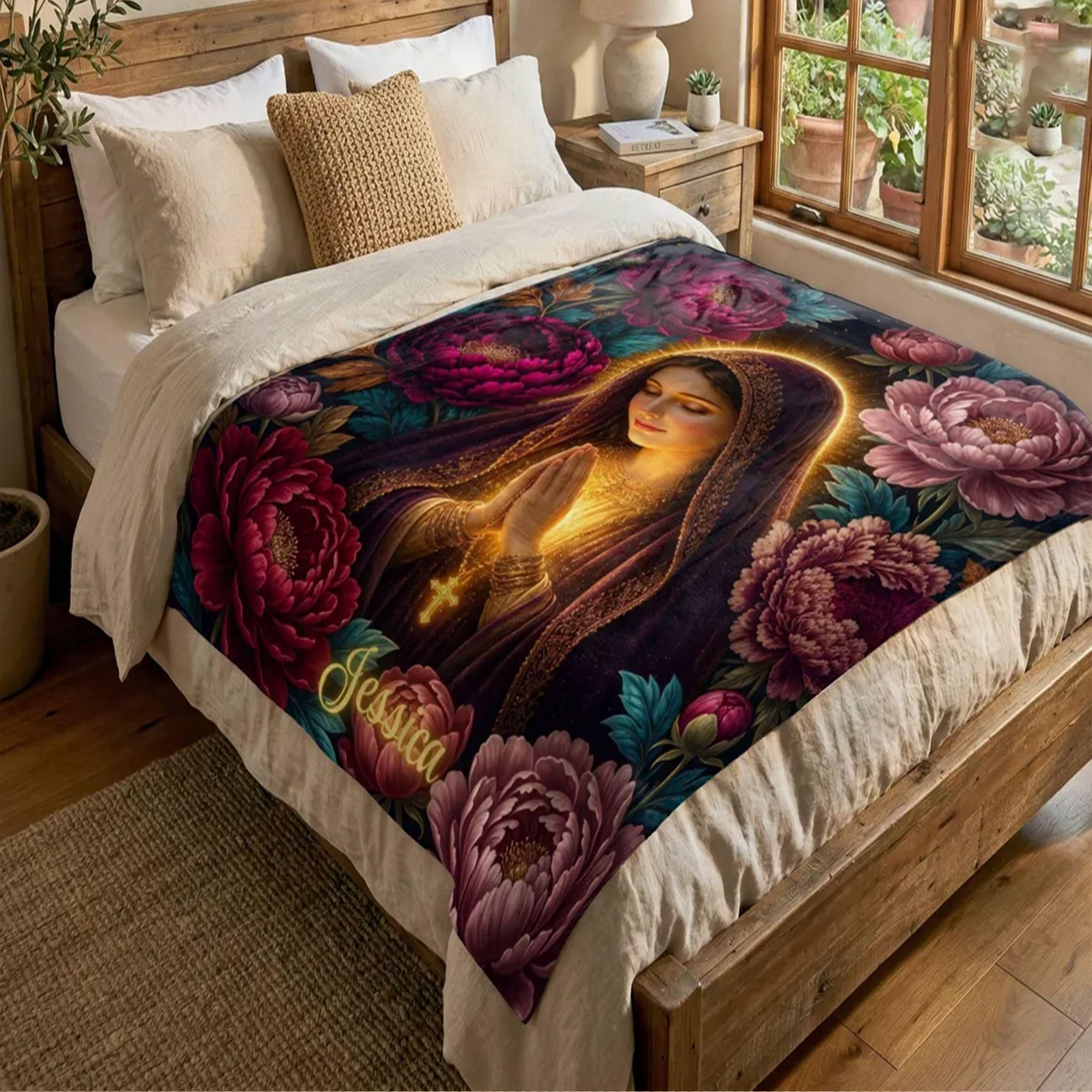 Personalized Virgin Mary Prayer Fleece Blanket, Catholic Floral Throw, Custom Name Christian Gift for Mom or Grandma, Faith Gift