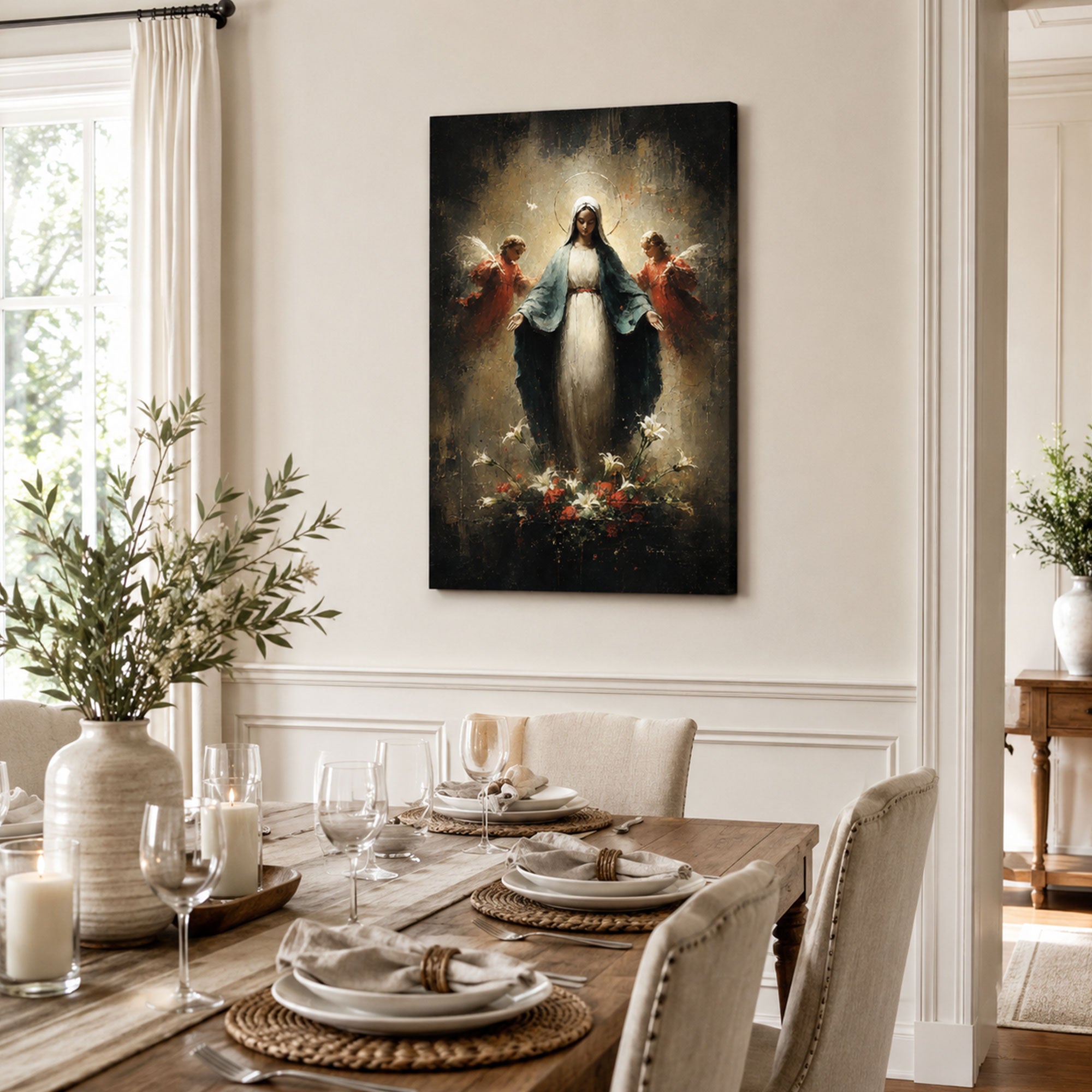 Virgin Mary with Angels Canvas Print, Catholic Home Decor
