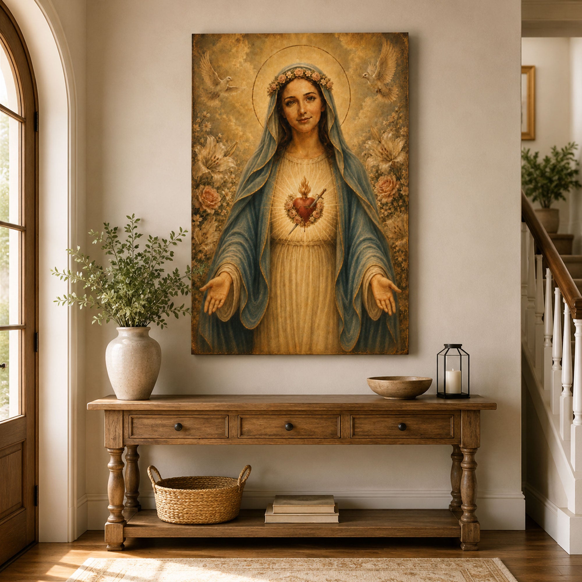 Immaculate Heart of Mary Canvas Print, Blessed Virgin Mary Catholic Wall Art, Floral Religious Home Decor Gift