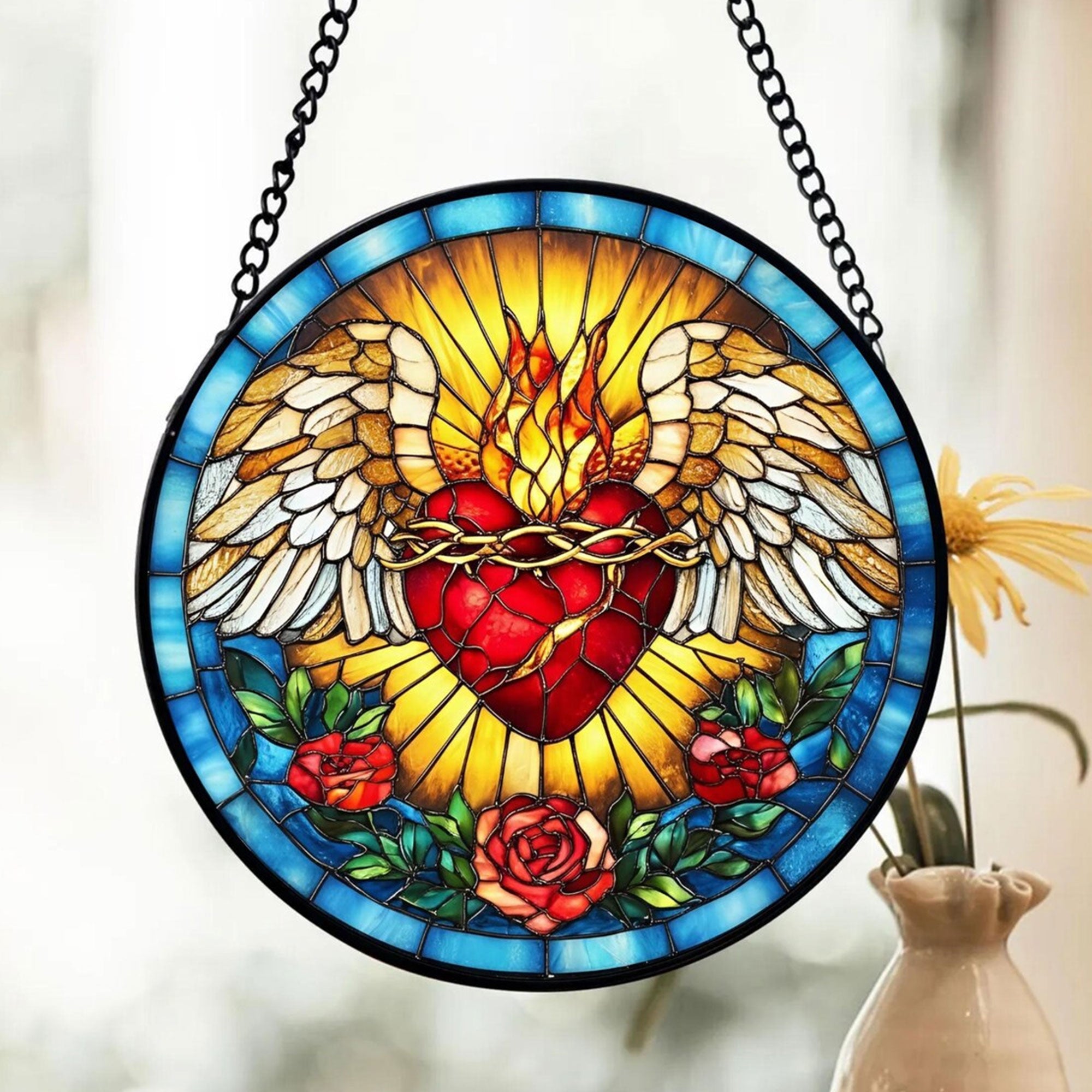Sacred Heart of Jesus Stained Glass Suncatcher, Catholic Window Hanging Decor, Christian Religious Faith Gift