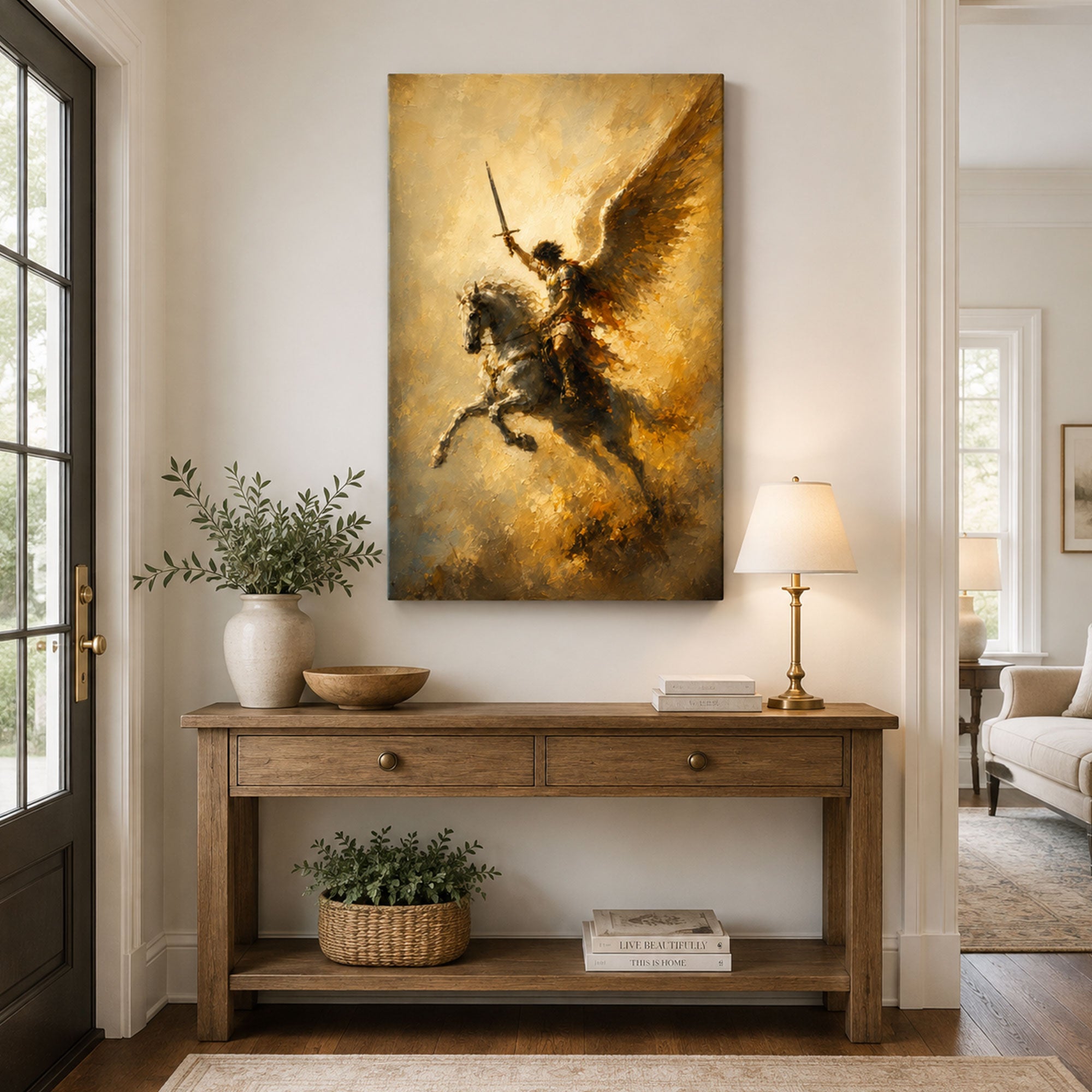 Saint Michael the Archangel on Horseback Canvas Print, Heavenly Warrior Catholic Wall Decor, Protection Faith Gift