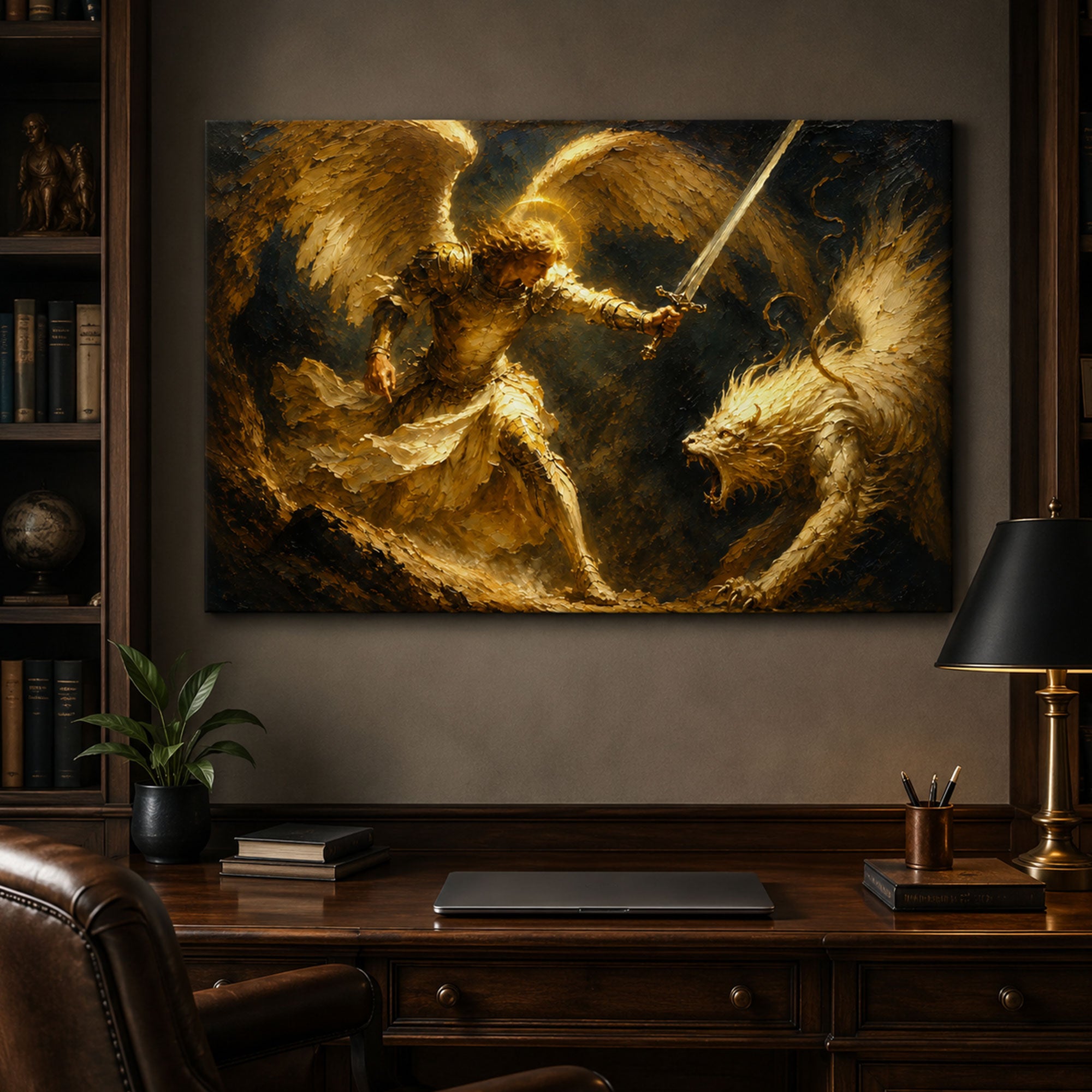 Saint Michael Defeating Dragon Canvas Print, Catholic Angel Wall Art, Faith Home Decor