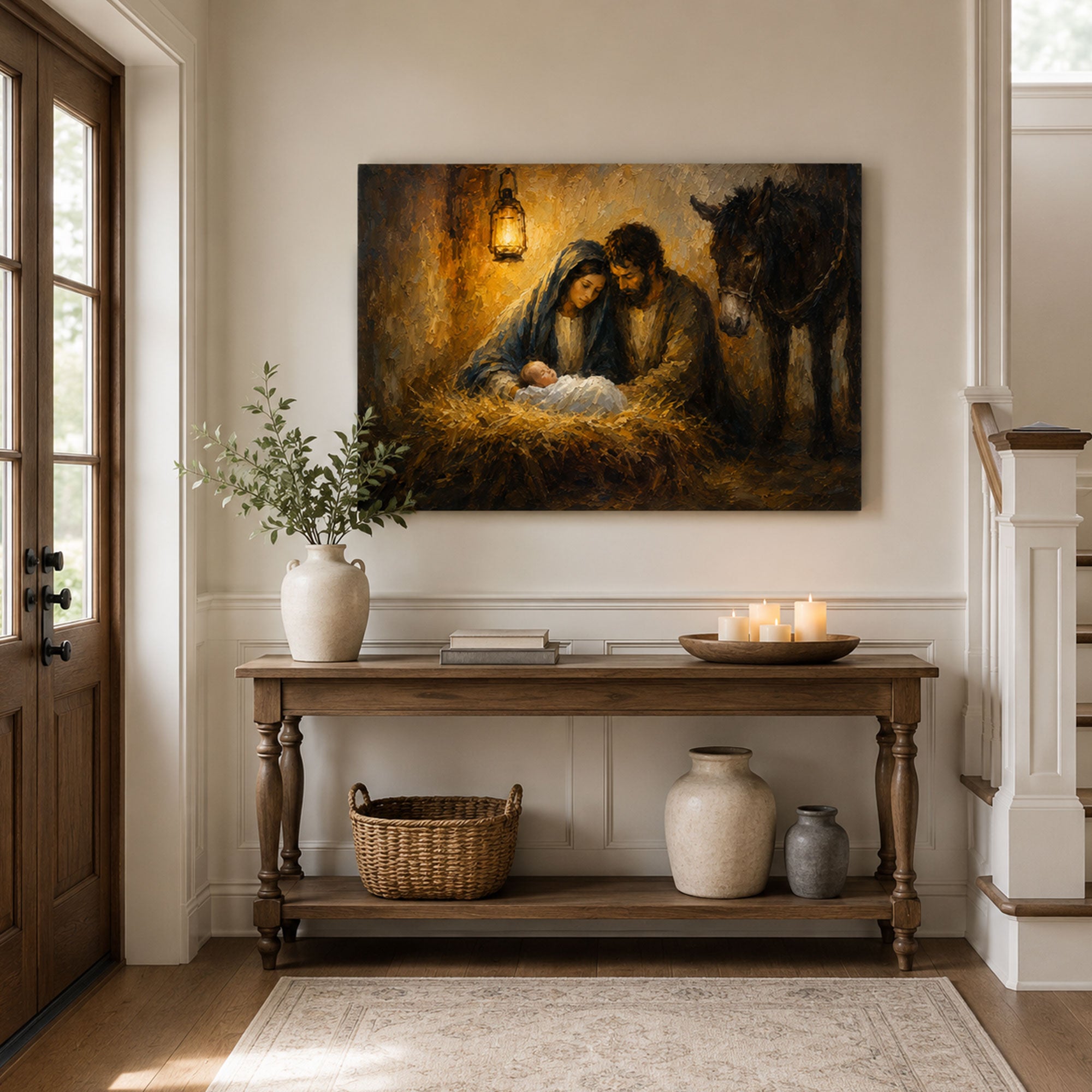 Holy Family by Lantern Light Canvas Print, Rustic Nativity Catholic Decor