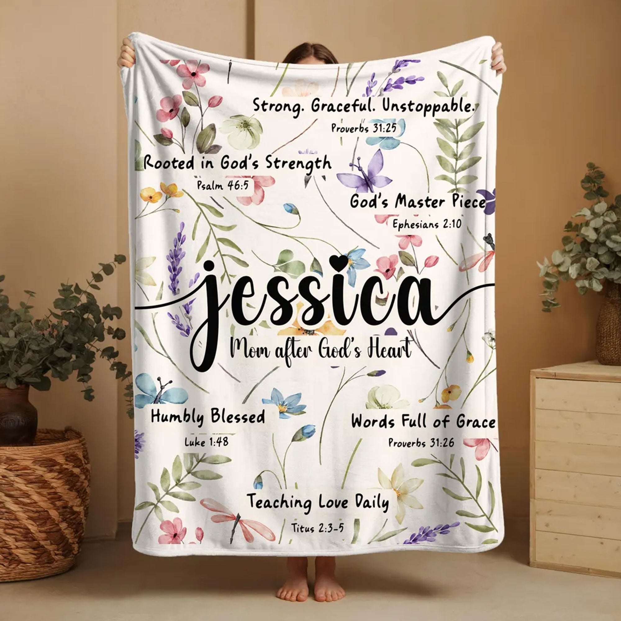 Personalized Christian Blanket, Custom Name Wildflower Bible Verse Fleece, Religious Family Gift, Custom Scripture Throw, Faith Gift Idea
