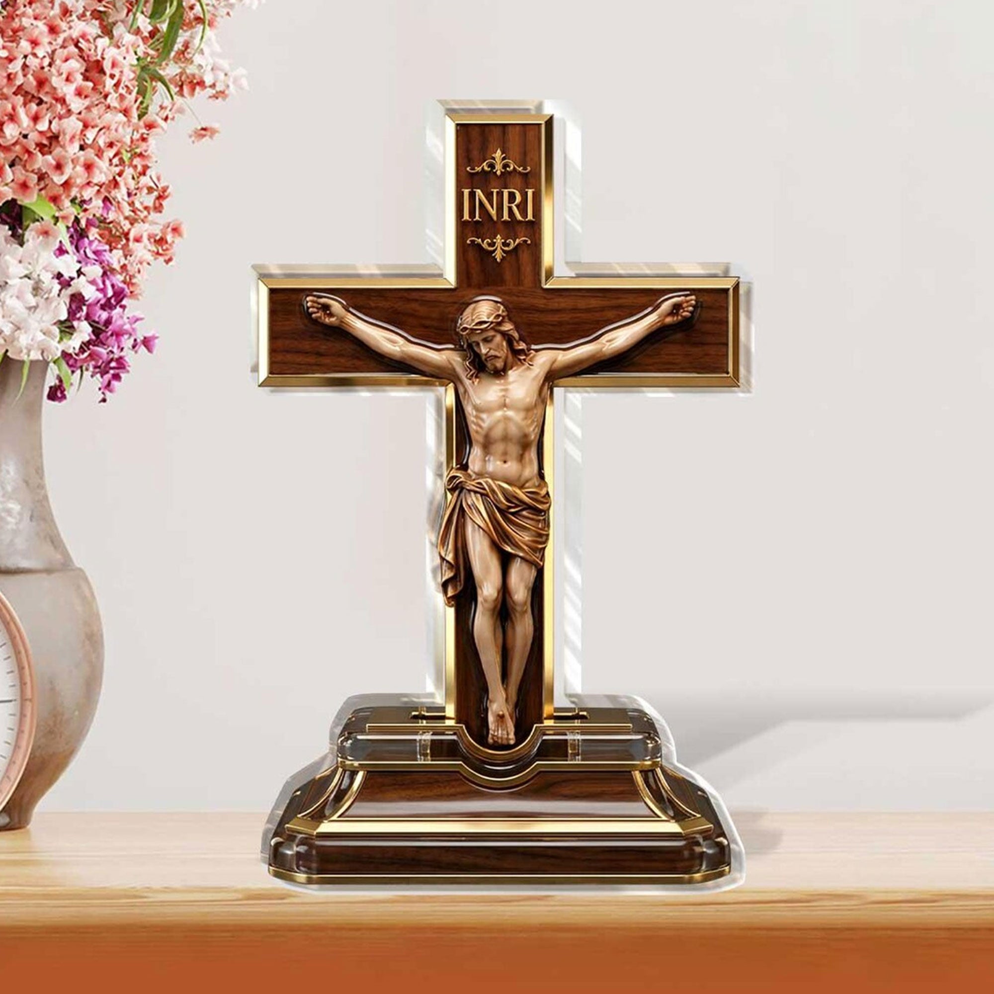 Jesus on the Cross Acrylic Plaque, Personalized Baptism Keepsake, Catholic Christian Gift, Single-Sided 2D Religious Table Decor