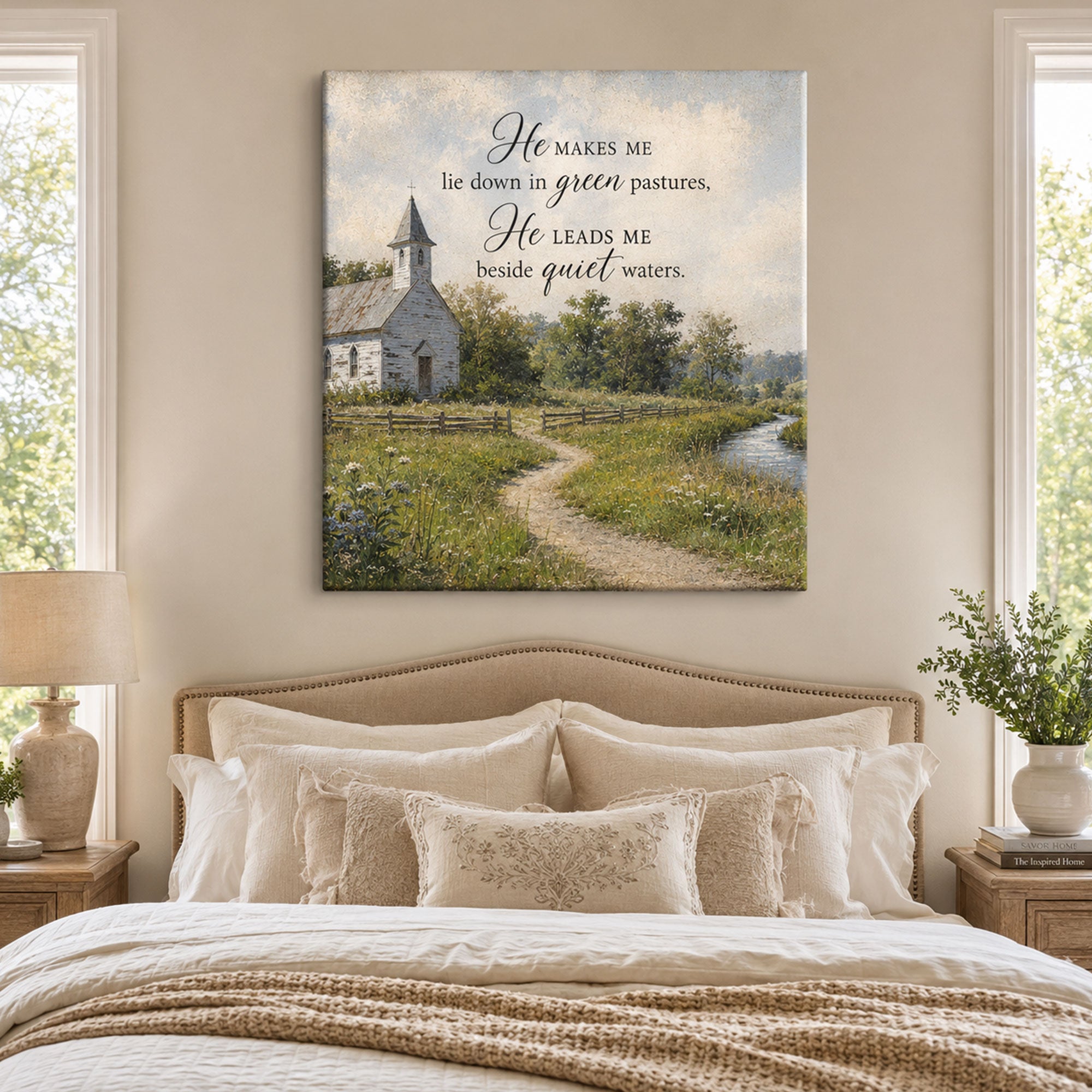 Psalm 23:2 Green Pastures Canvas Print, Christian Home Decor