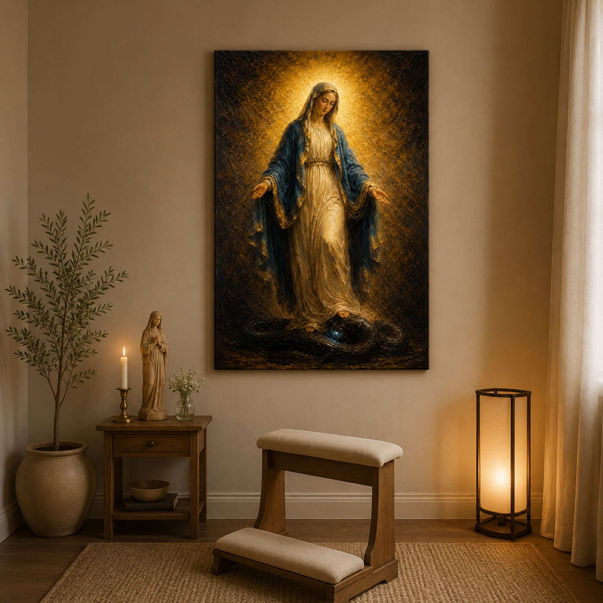 Virgin Mary Crushing Serpent Canvas Print, Catholic Wall Art, Grace Faith Home Decor