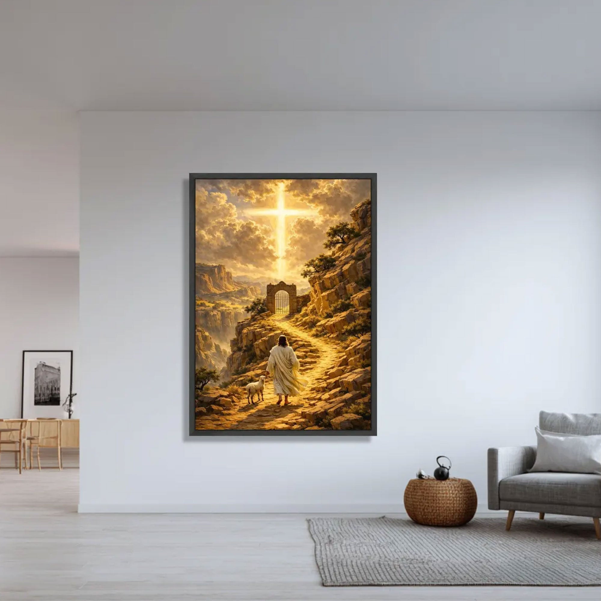 Spiritual Pathway Canvas Print, Jesus with Lamb Wall Art, Glowing Cross Landscape, Christian Religious Decor