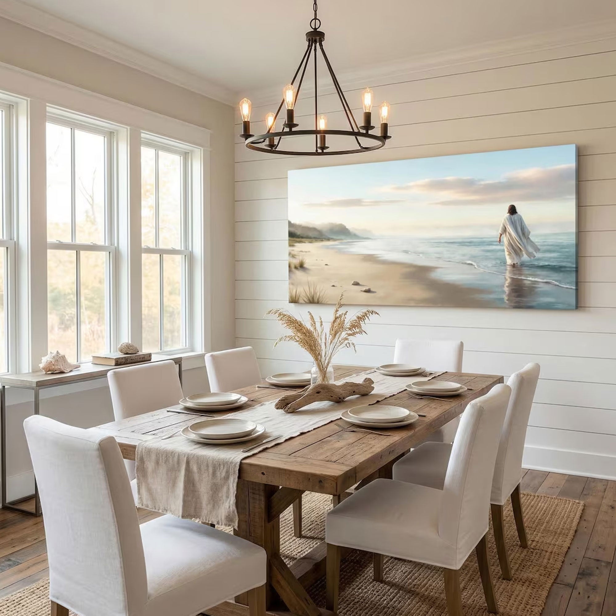 Jesus Beach Canvas Print, Coastal Christian Wall Art, Large Religious Ocean Decor