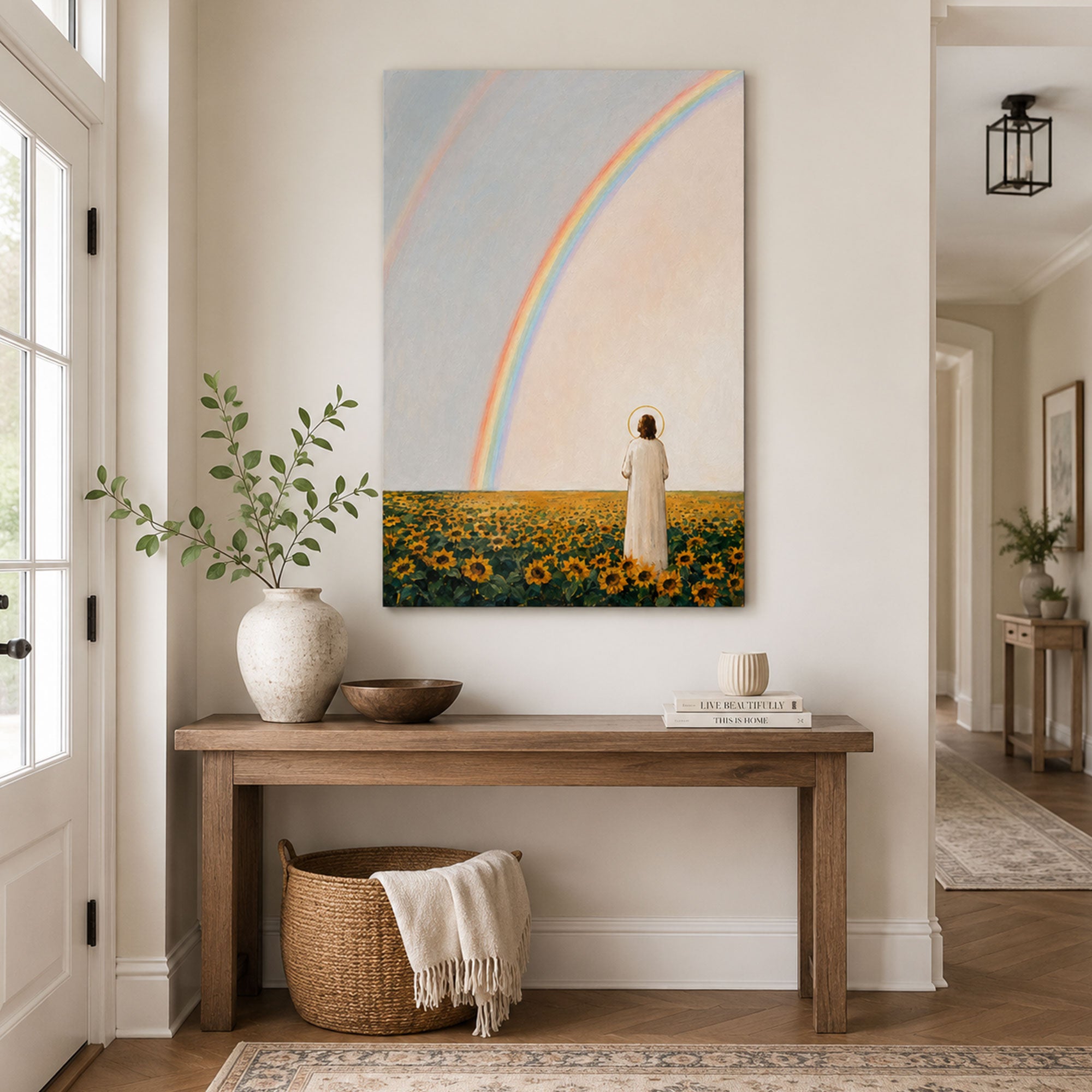 Jesus Beneath the Promise Rainbow Canvas Print, Sunflower Christian Decor