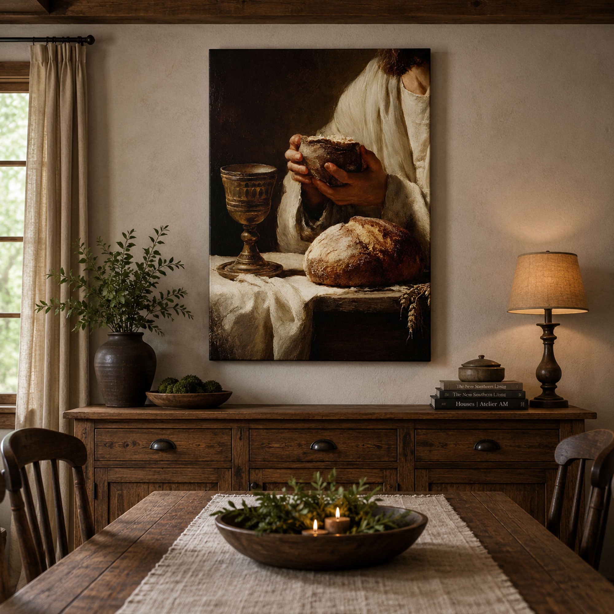 Jesus Breaking Bread Canvas Print, Eucharist Bread and Wine Christian Wall Art, Sacred Communion Decor