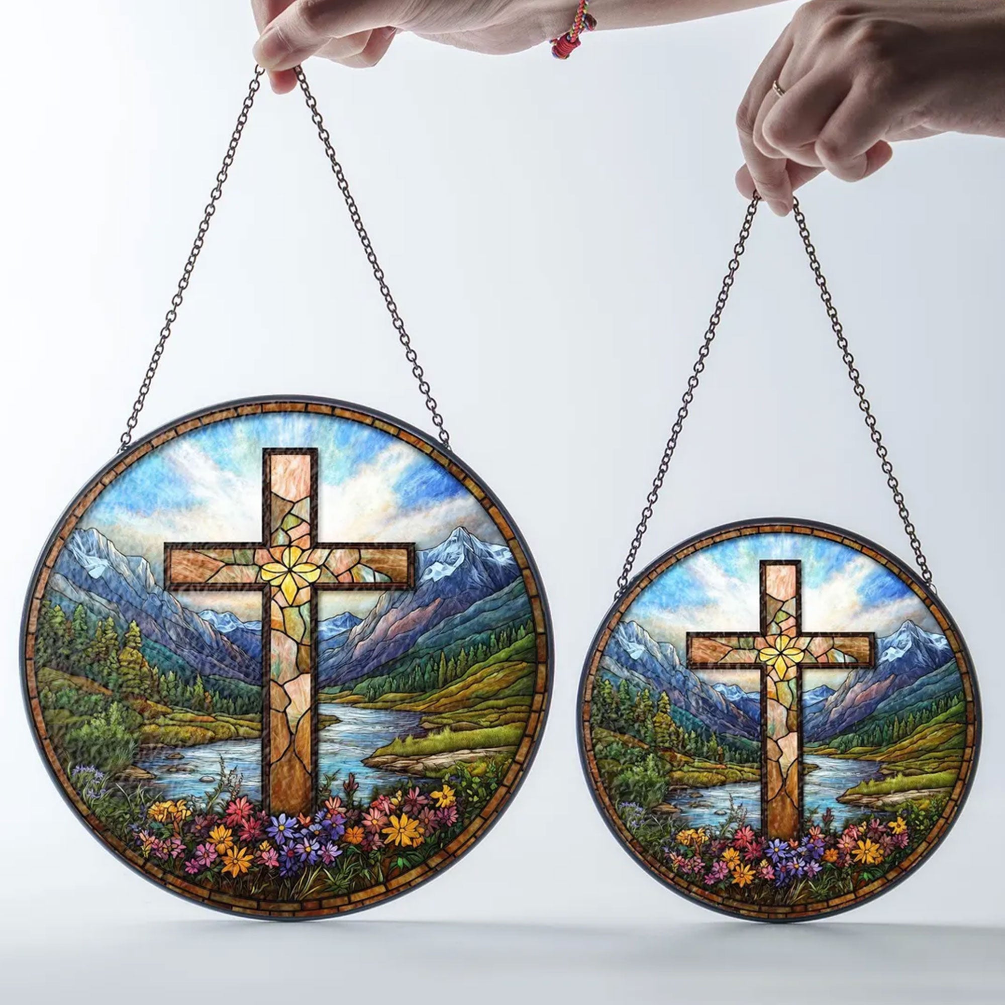 Stained Glass Cross Suncatcher with Wildflowers and Sunset, Christian Window Hanging, Mountain River Decor, Faith Gift