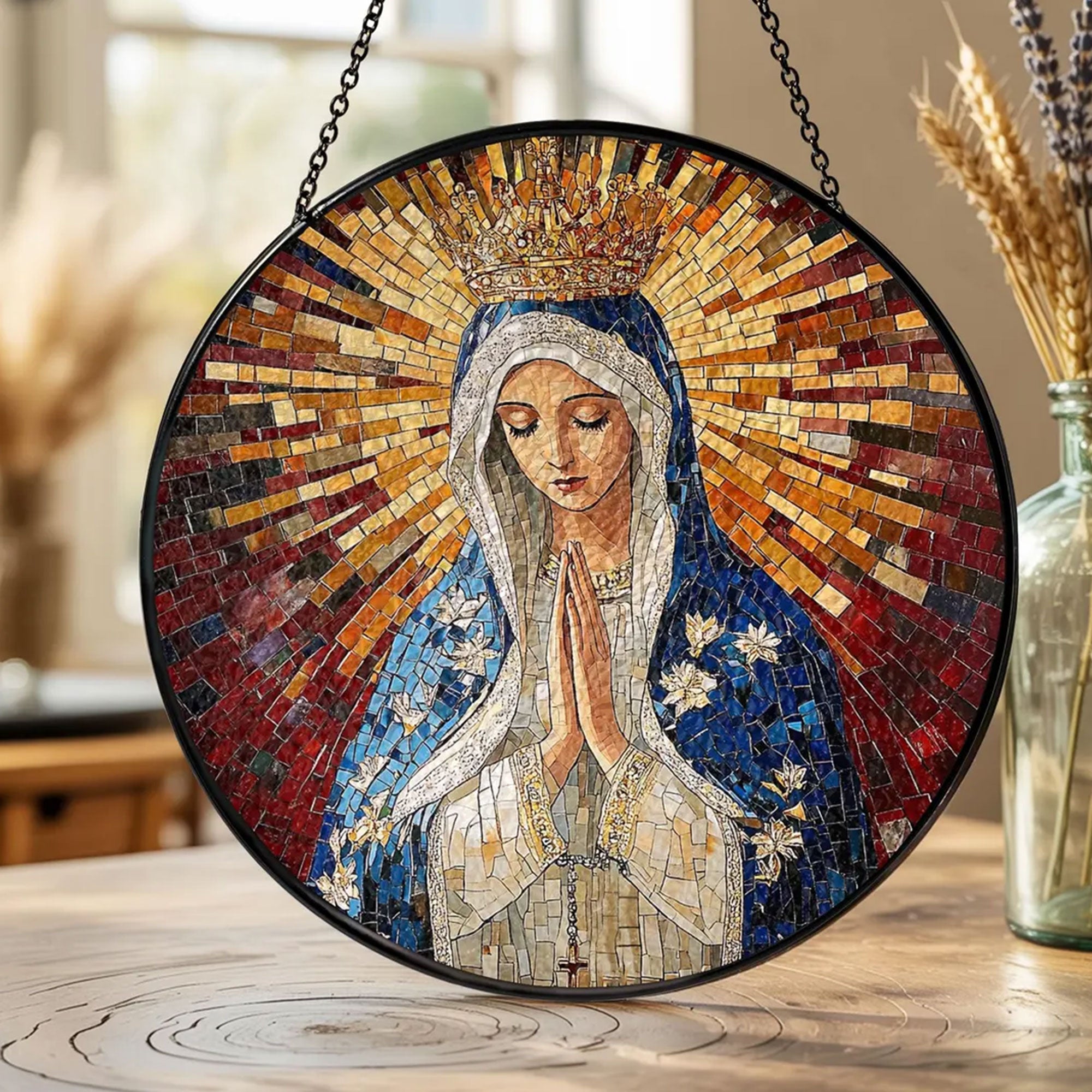 Blessed Virgin Mary Stained Glass Suncatcher, Praying Madonna Window Hanging, Catholic Religious Decor, Faith Gift