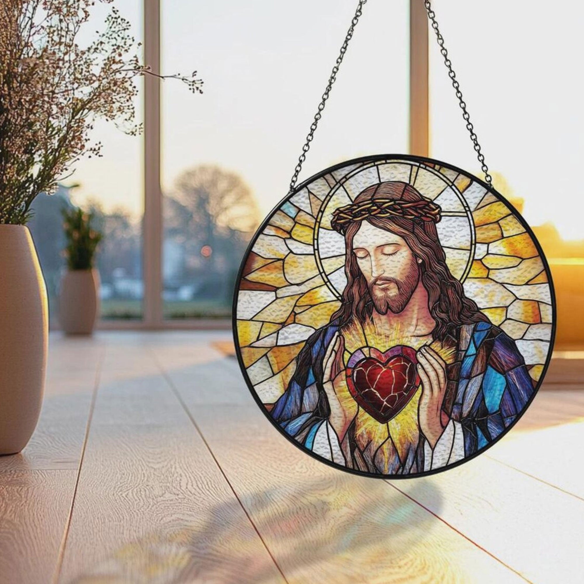 Sacred Heart of Jesus Stained Glass Suncatcher, Catholic Window Hanging Decor, Christian Religious Faith Gift for Mom Grandma
