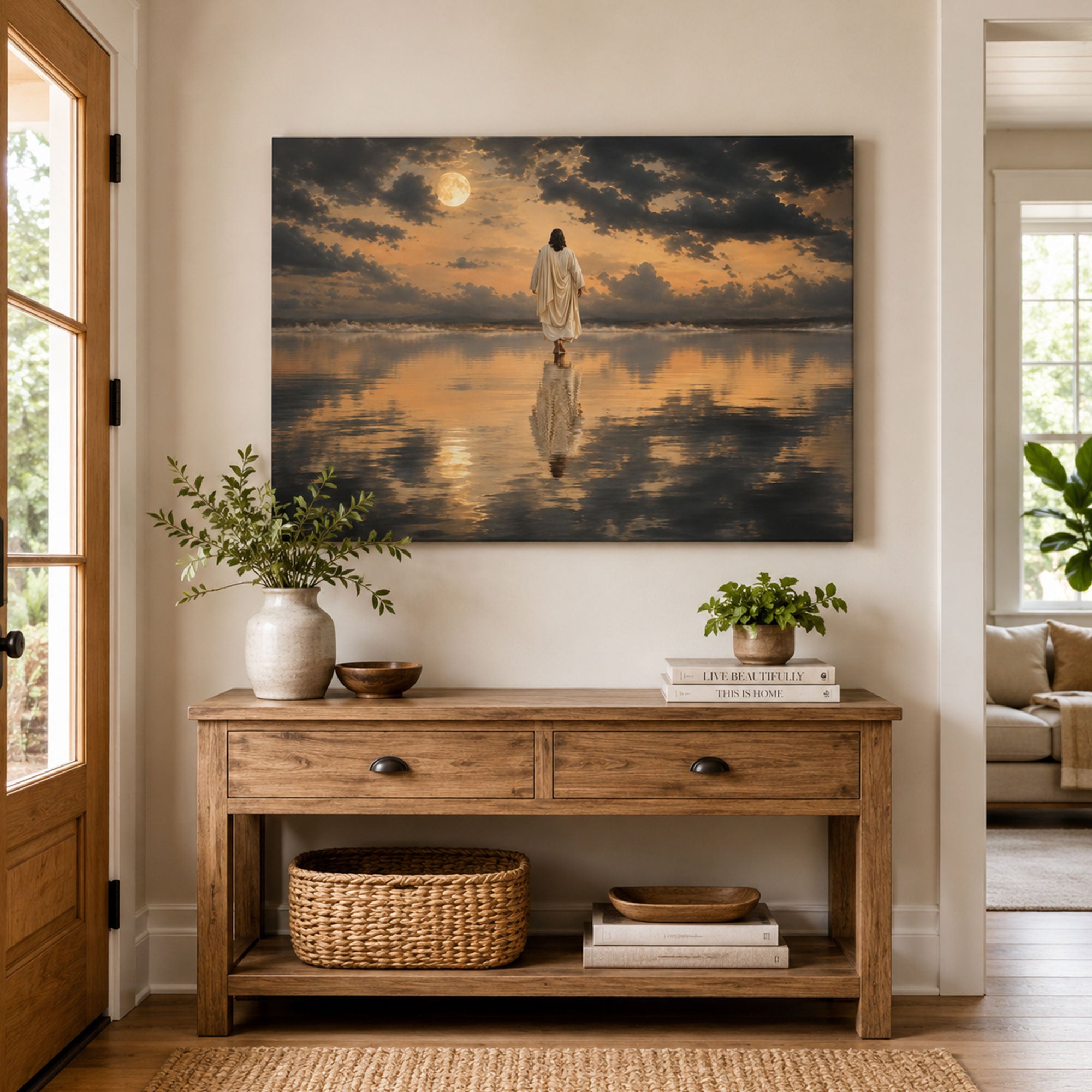 Jesus Walking on Water Panoramic Canvas Print, Christian Ocean Wall Art, Faith Home Decor Gift
