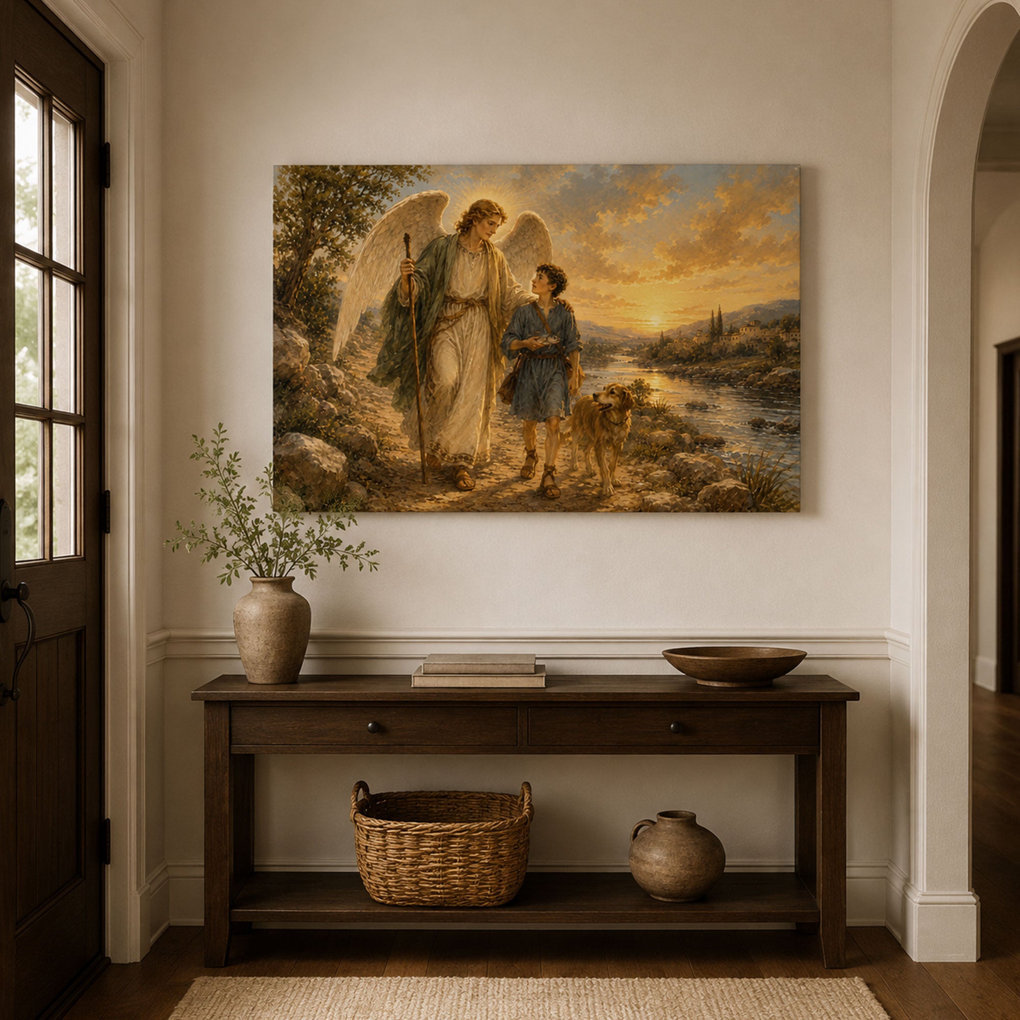 Guardian Angel with Child Canvas Print, Christian Angel Wall Art, Faith Home Decor Gift