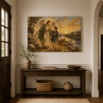 Guardian Angel with Child Canvas Print, Christian Angel Wall Art, Faith Home Decor Gift