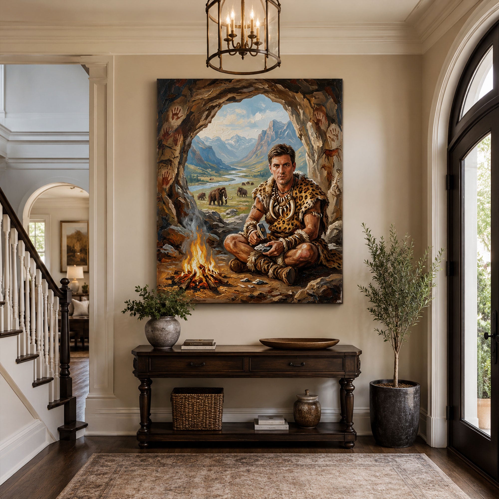 Custom Face For Dad Caveman Canvas, Personalized Prehistoric Portrait, Funny Father’s Day Gift