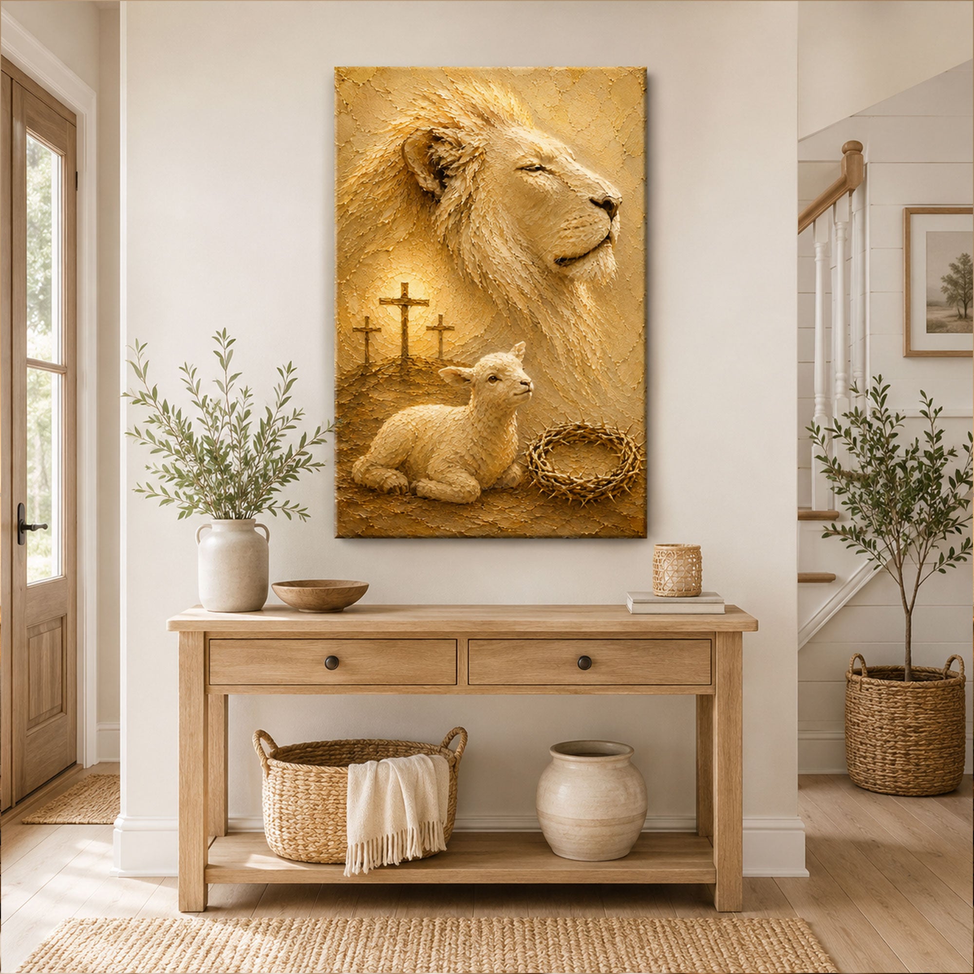 Lion of Judah and Lamb of God Canvas Print, Christian Cross Wall Art, Faith Home Decor Gift