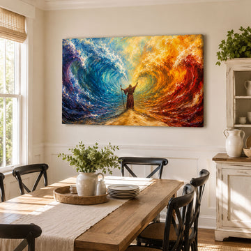Moses Parting the Red Sea Canvas Print, Colorful Biblical Miracle Wall Art, Christian Faith Home Decor Gift