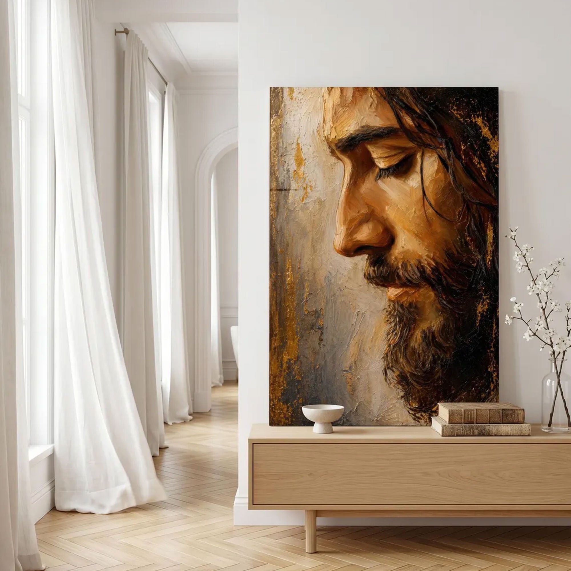 Jesus Portrait Canvas Print, Neutral Christian Wall Art, Spiritual Home Decor, Inspirational Faith Artwork