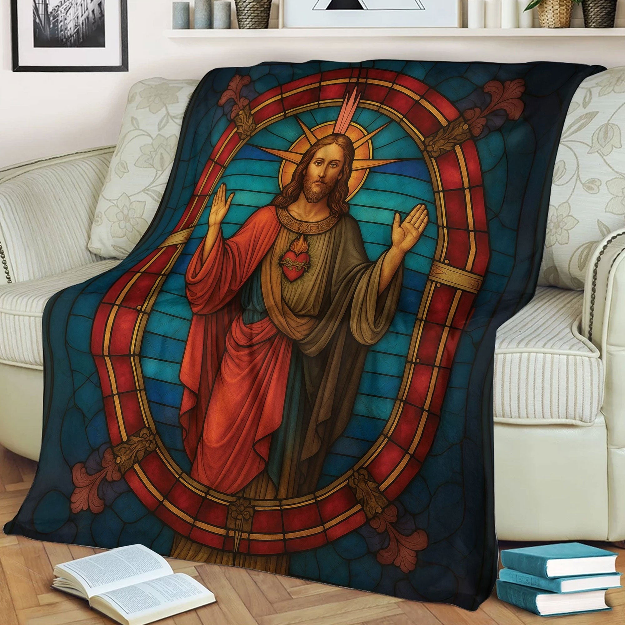 Sacred Heart Jesus Christ Fleece Blanket, Stained Glass Faith Throw, Christian Religious Gift, Inspirational Home Decor