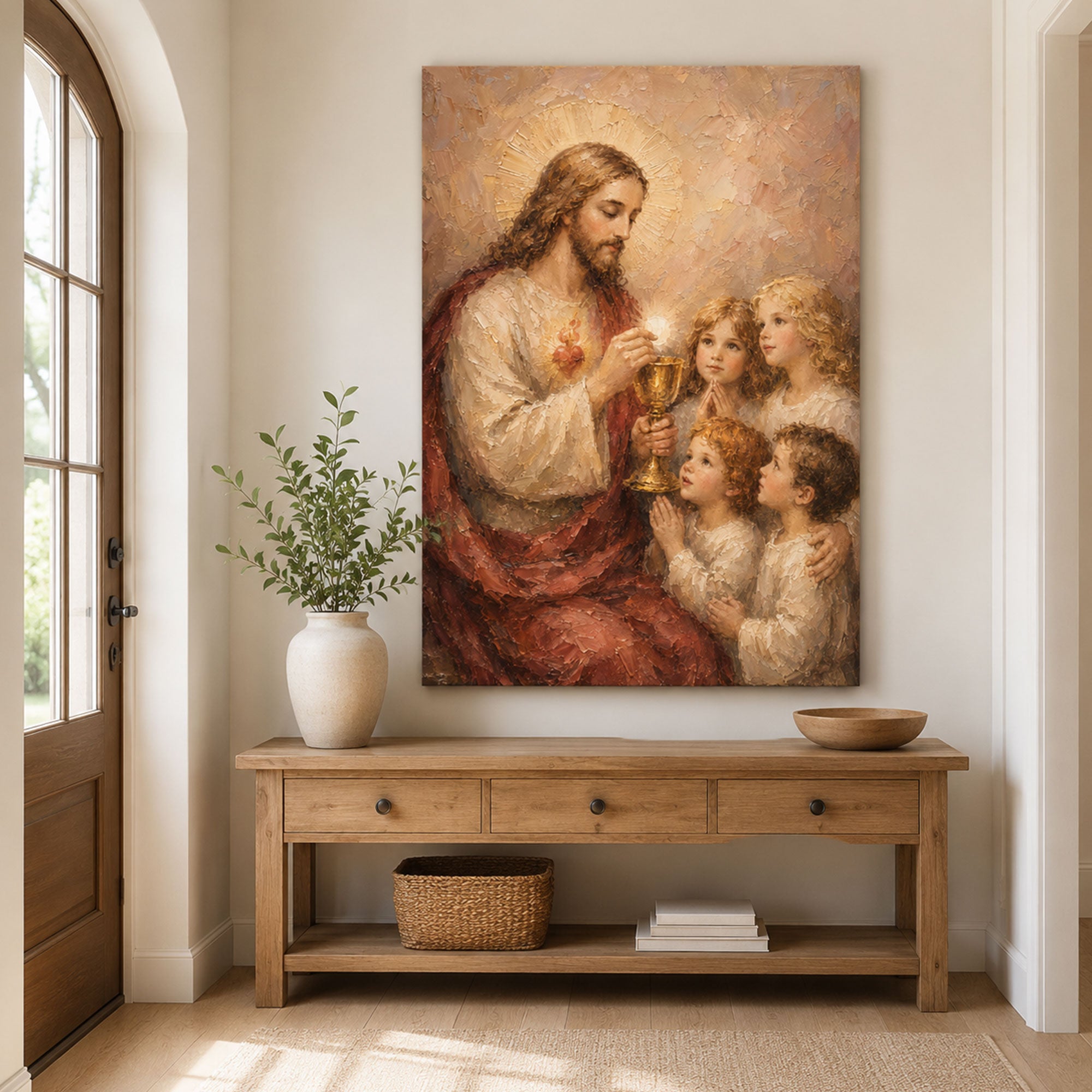 Jesus and Children Holy Communion Canvas Print, First Communion Catholic Wall Art, Eucharistic Faith Home Decor