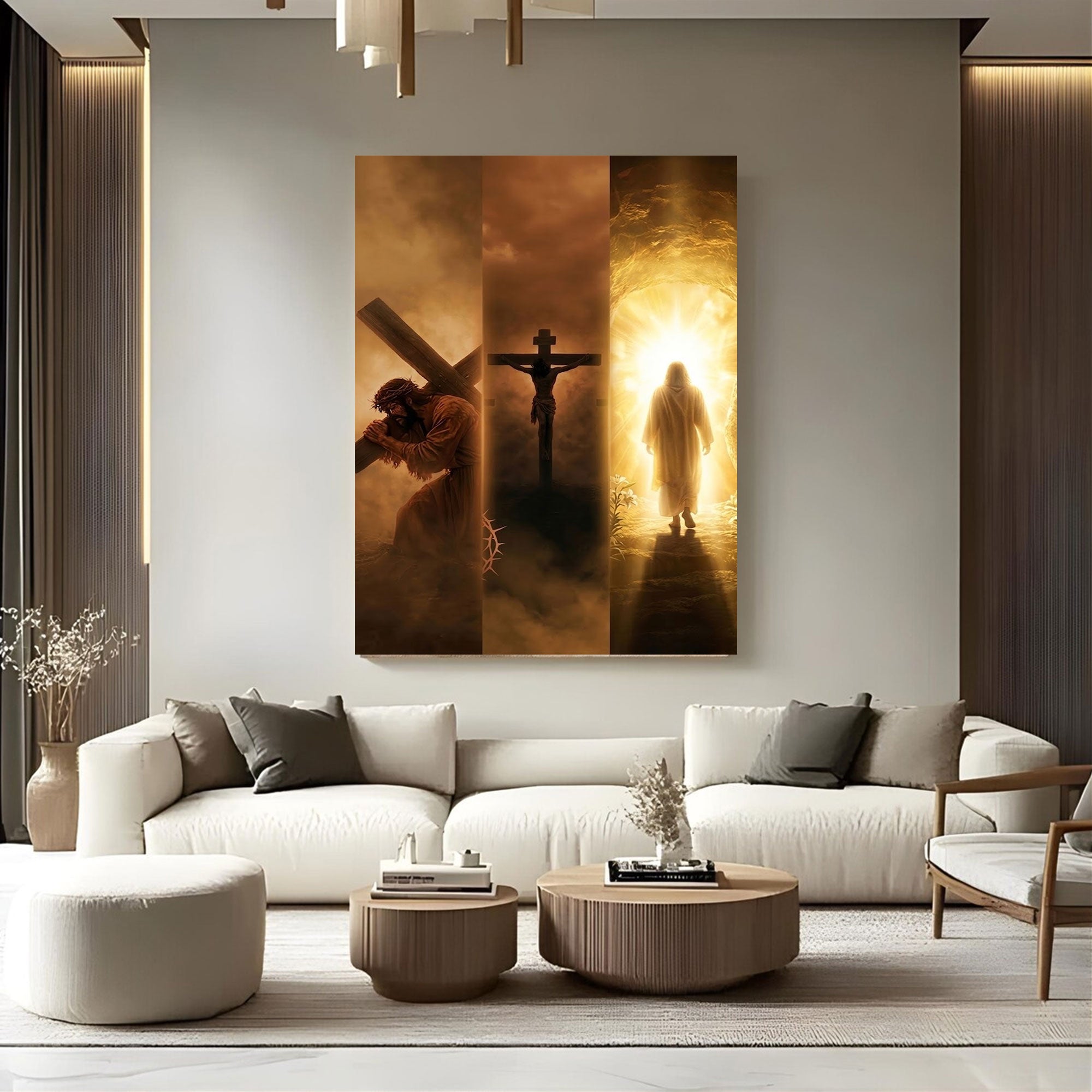 Jesus Passion to Resurrection Canvas Print, Catholic Christian Wall Art, Carrying the Cross Crucifixion and Risen Christ Scene, Sacred Fa