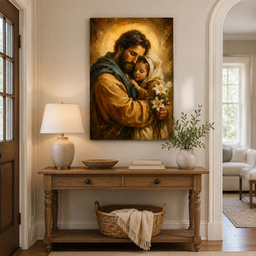 Saint Joseph Holding Child Jesus Canvas Print, Lily Catholic Faith Decor