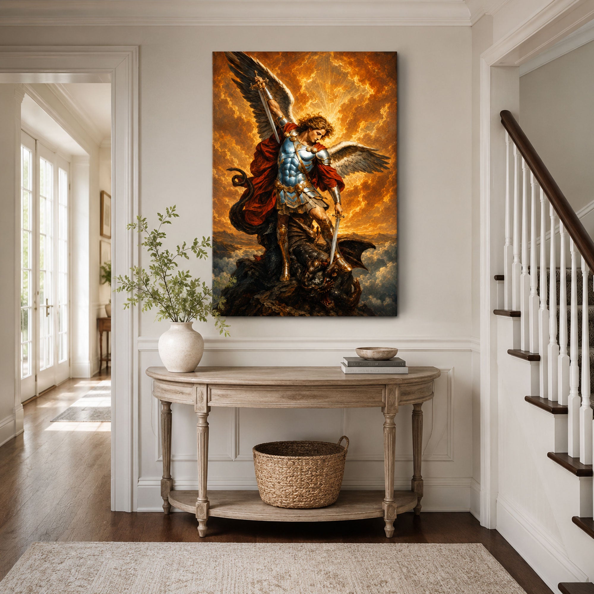 Saint Michael Defeating the Dragon Canvas Print, Catholic Warrior Archangel Wall Art, Faith Home Decor Gift