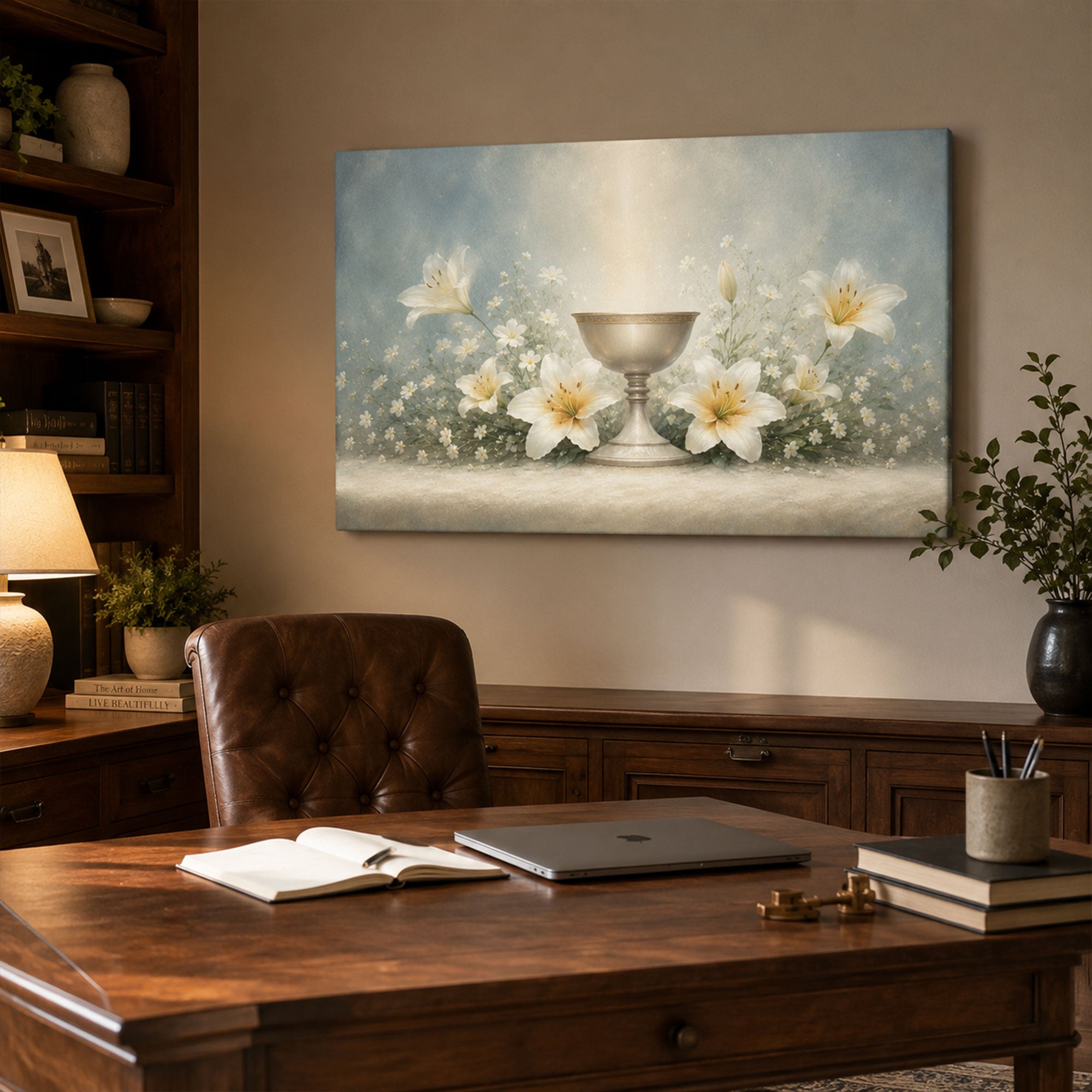 Holy Communion Chalice Canvas Print, White Lily Catholic Wall Art, Soft Blue Faith Home Decor Gift