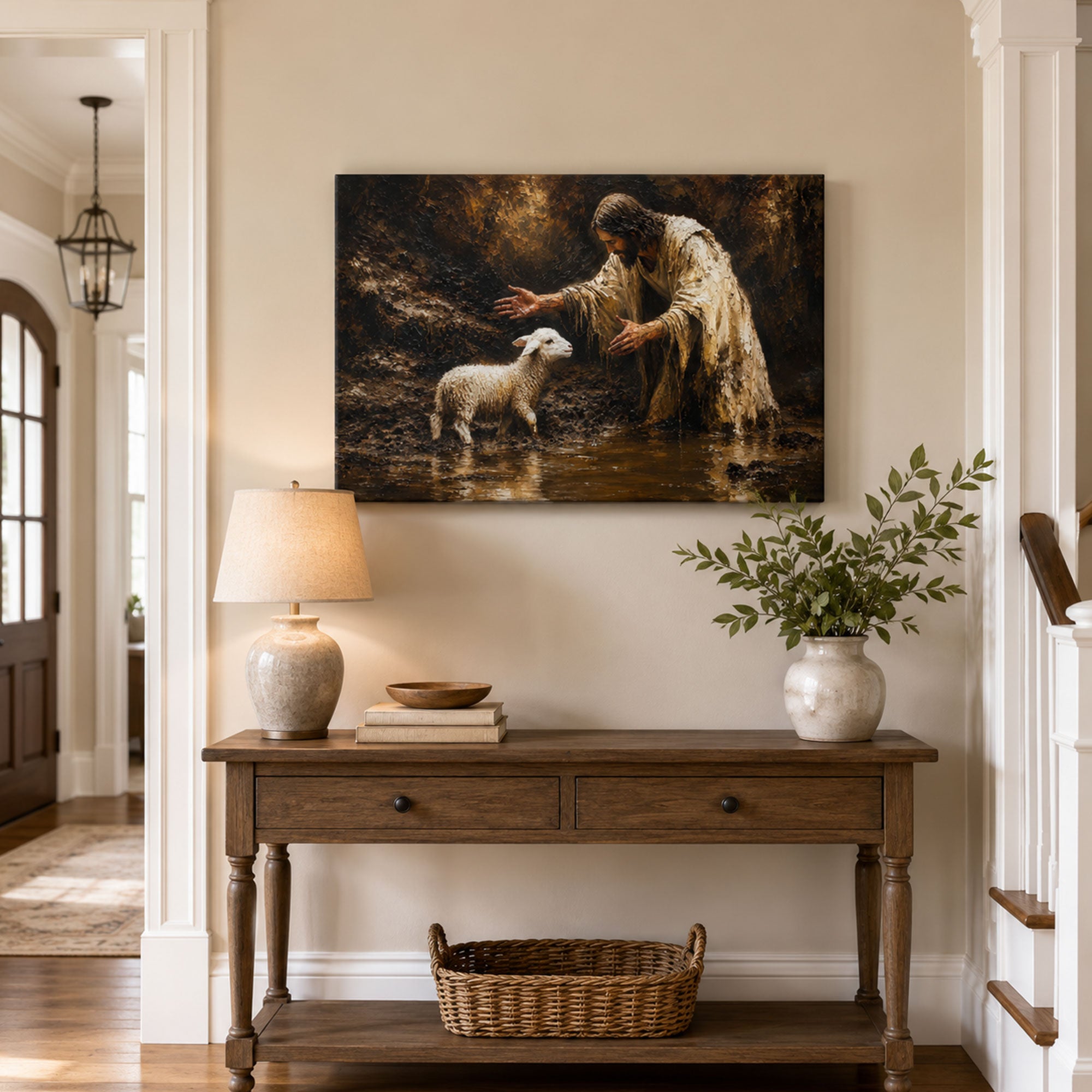 Jesus Rescuing the Lost Lamb Canvas Print, Earth Tone Christian Decor