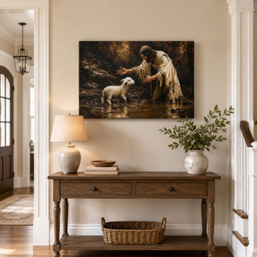 Jesus Rescuing the Lost Lamb Canvas Print, Earth Tone Christian Decor
