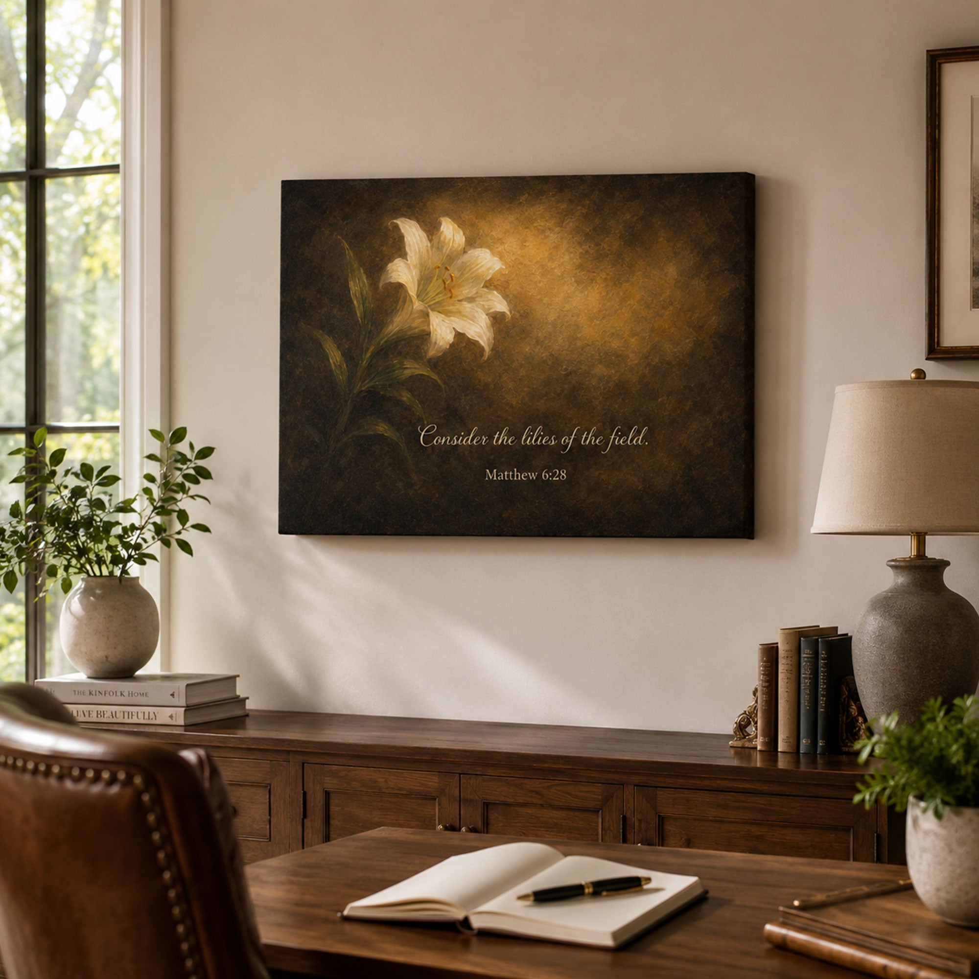 Consider the Lilies Canvas Print, Matthew 6:28 Bible Verse Wall Art, Christian Floral Home Decor Gift